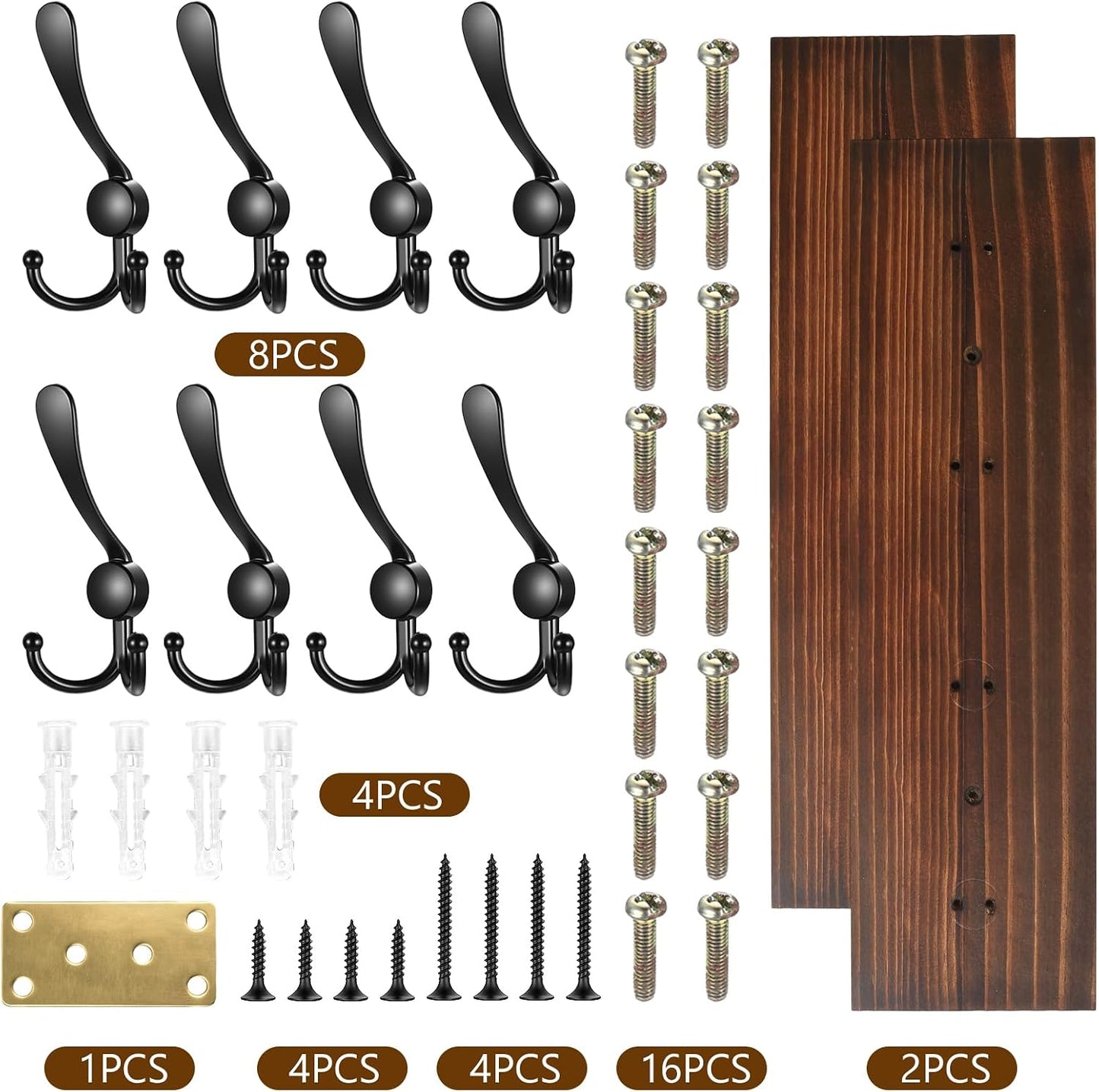 31.5" Large Coat Rack Wall Mount Coat Hooks with 8 Black Metal Triple Hooks, 1.4cm Thick Solid Pine Wood Wall Hooks for