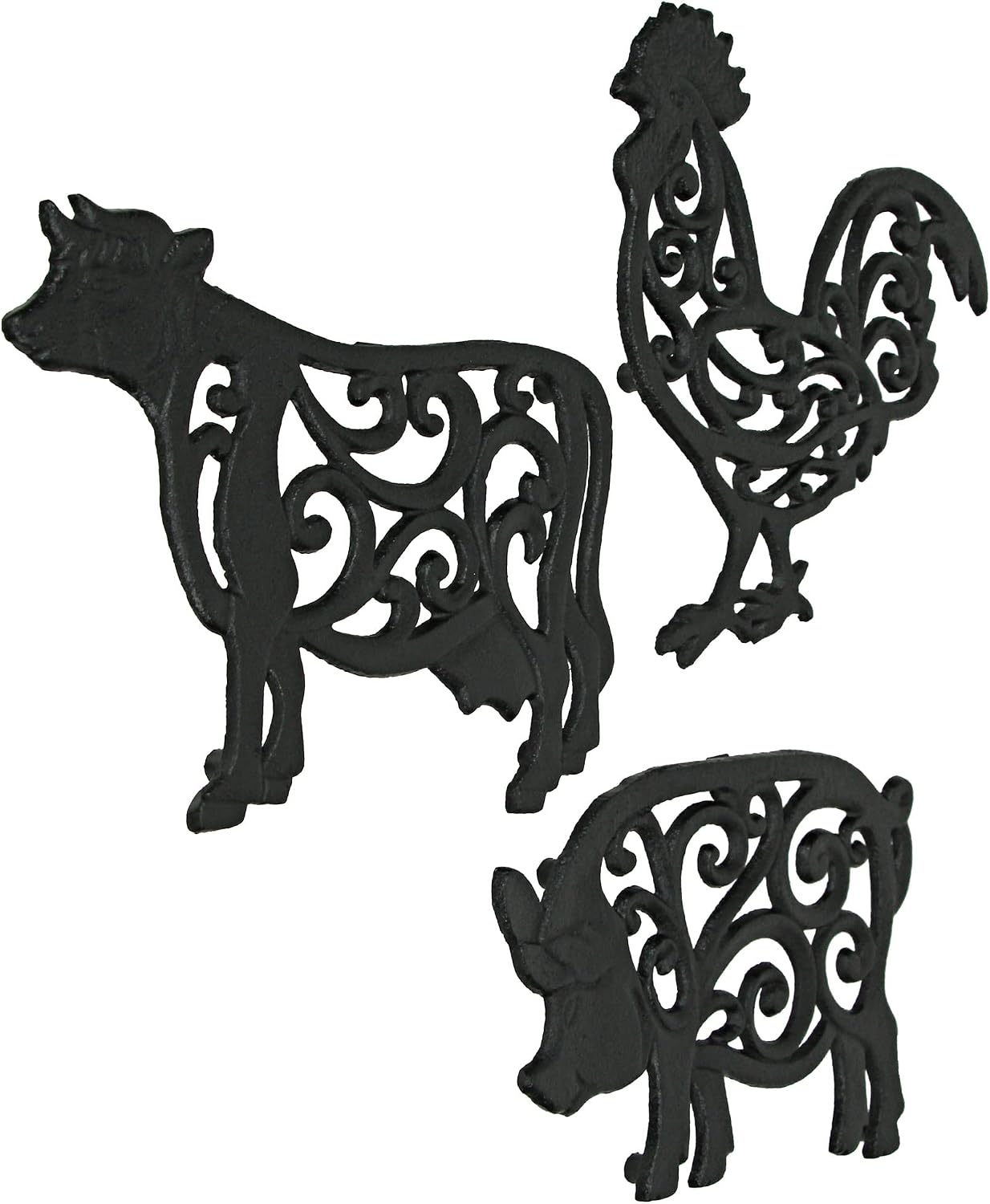 Set of 3 Farm Animal Kitchen Trivets, Black 9 Inch Cast Iron | Rooster, Pig and Cow Designs, Enamel Coating with