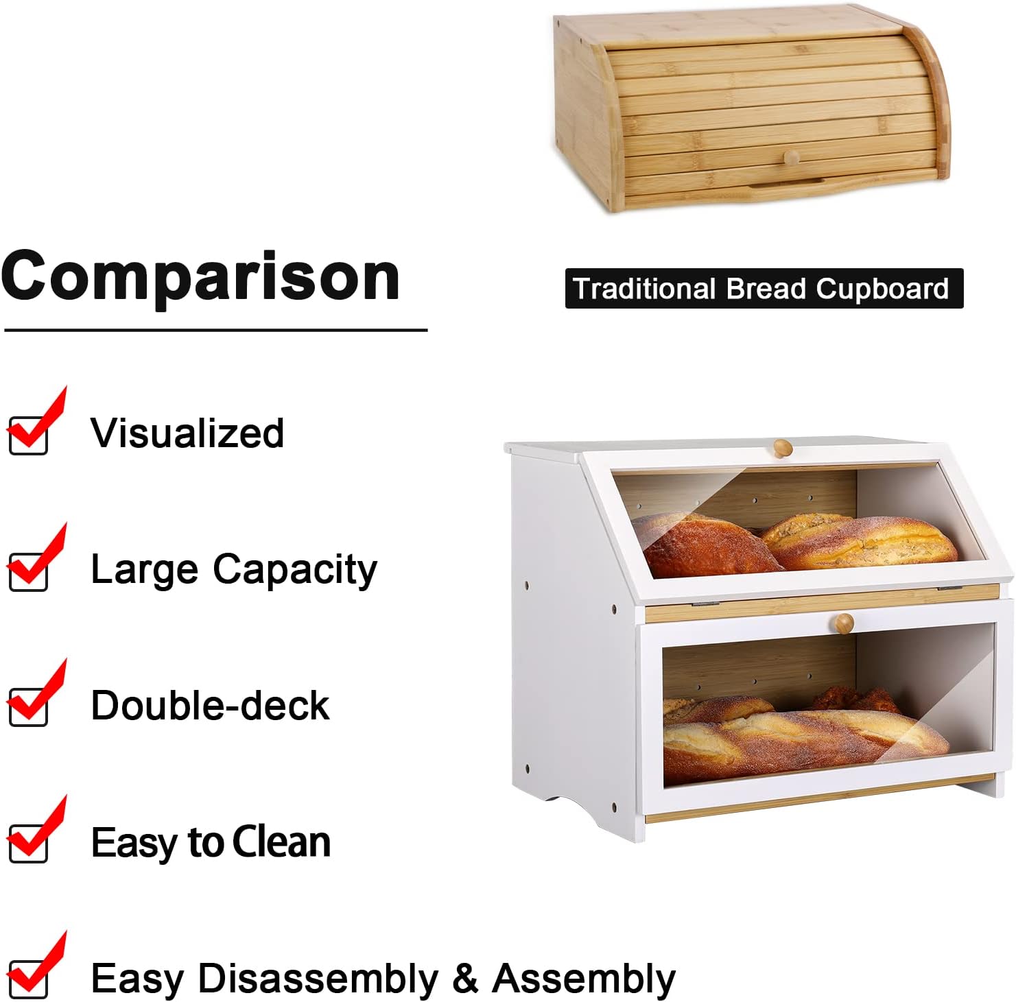 HOMEKOKO Double Layer Wood Bread Box for Kitchen Counter,Keep Fresh, White | Keeps Bread Fresh 3-4 Days, Large Capacity