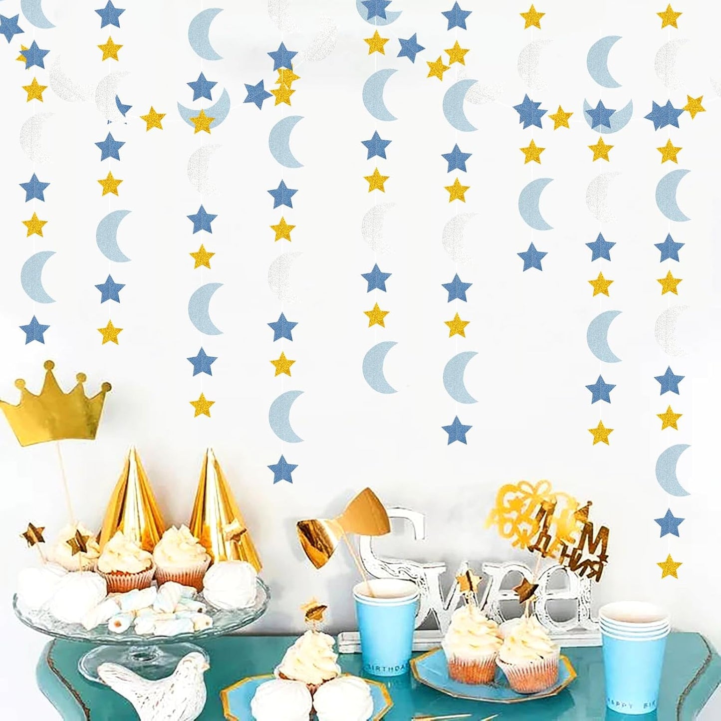Blue-Gold Silver Party-Decorations Moon-Star Garland / Gold Silver Blue / 62 Inch