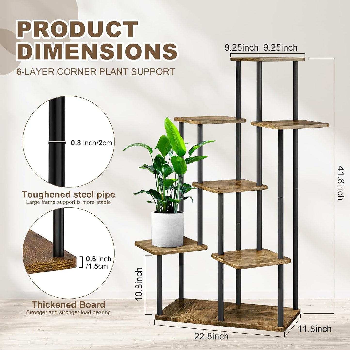 7 Tier Plant Stand Indoor, Thickened Metal Wood Corner Plant Shelf Stands for Multiple Plants, Indoor Tall Plants Stand