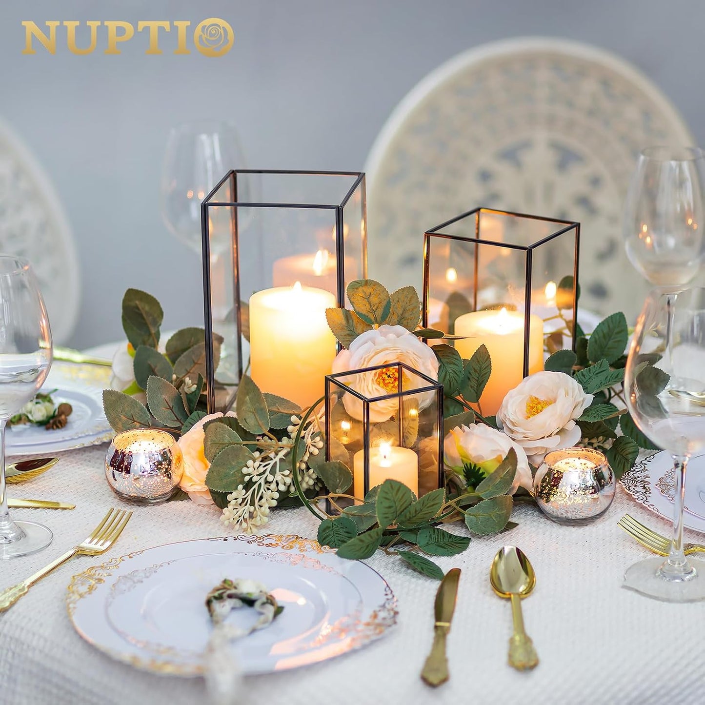 NUPTIO Hurricane Glass Candle Holders: 6 Pcs Clear Lantern Pillar Candles Holder with Black Metal Frame Modern Candle