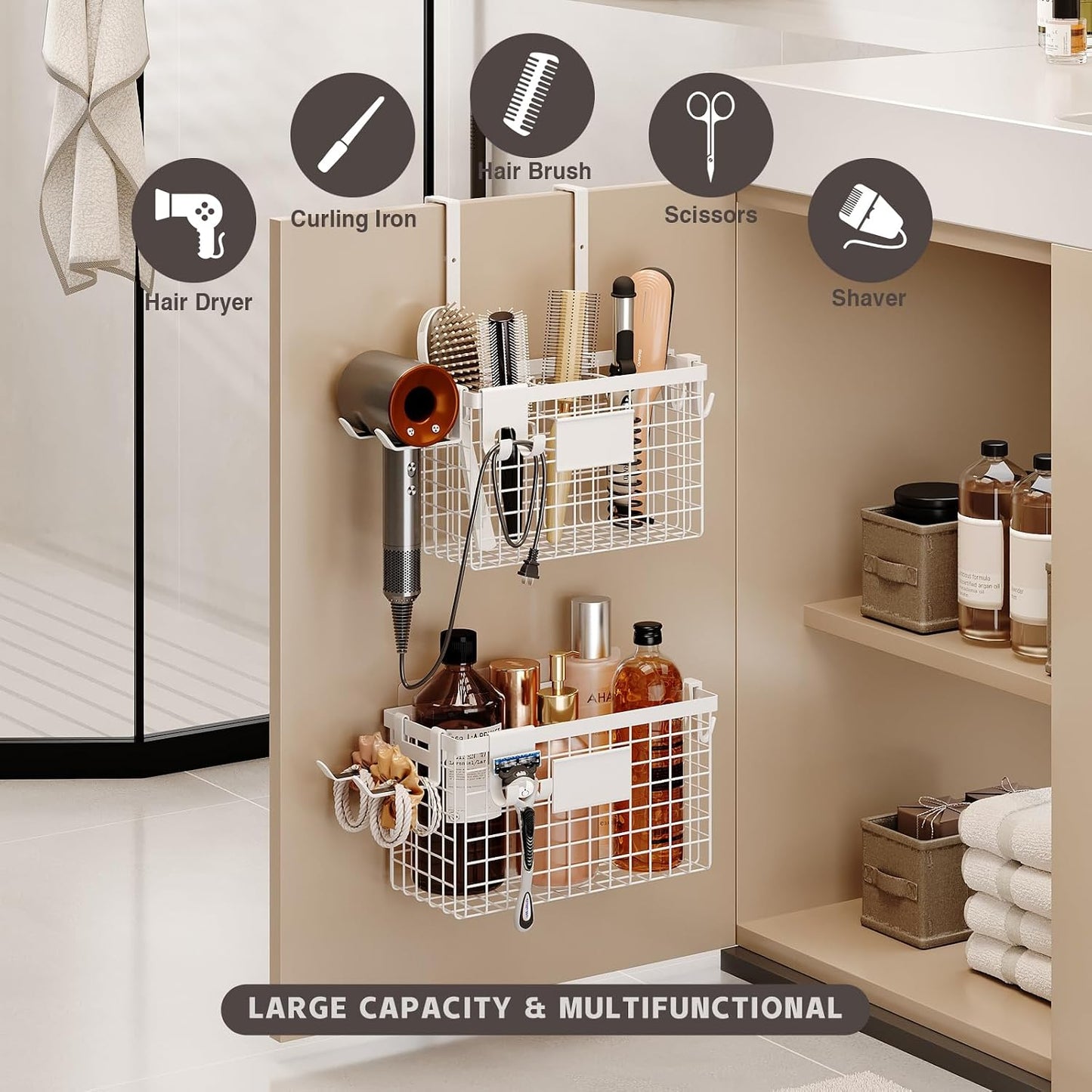 Magheo Hair Dryer Holder Cabinet Door 3-in-1 Adhesive Hair Tool Organizer Wall Mounted Adjustable Height Blow Dryer