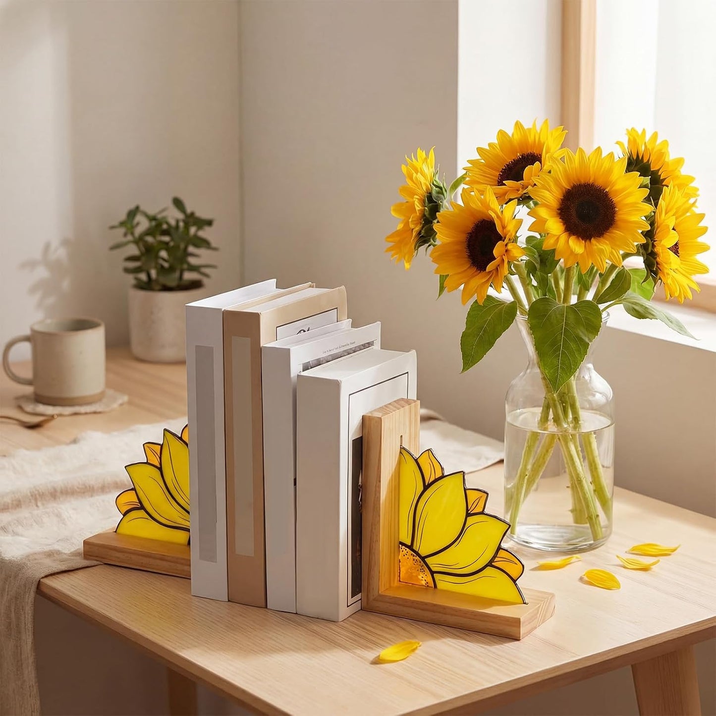 Oak Wood Base Stained Glass Novelty Bookends Organizer Book Ends / Sunflower / Yellow