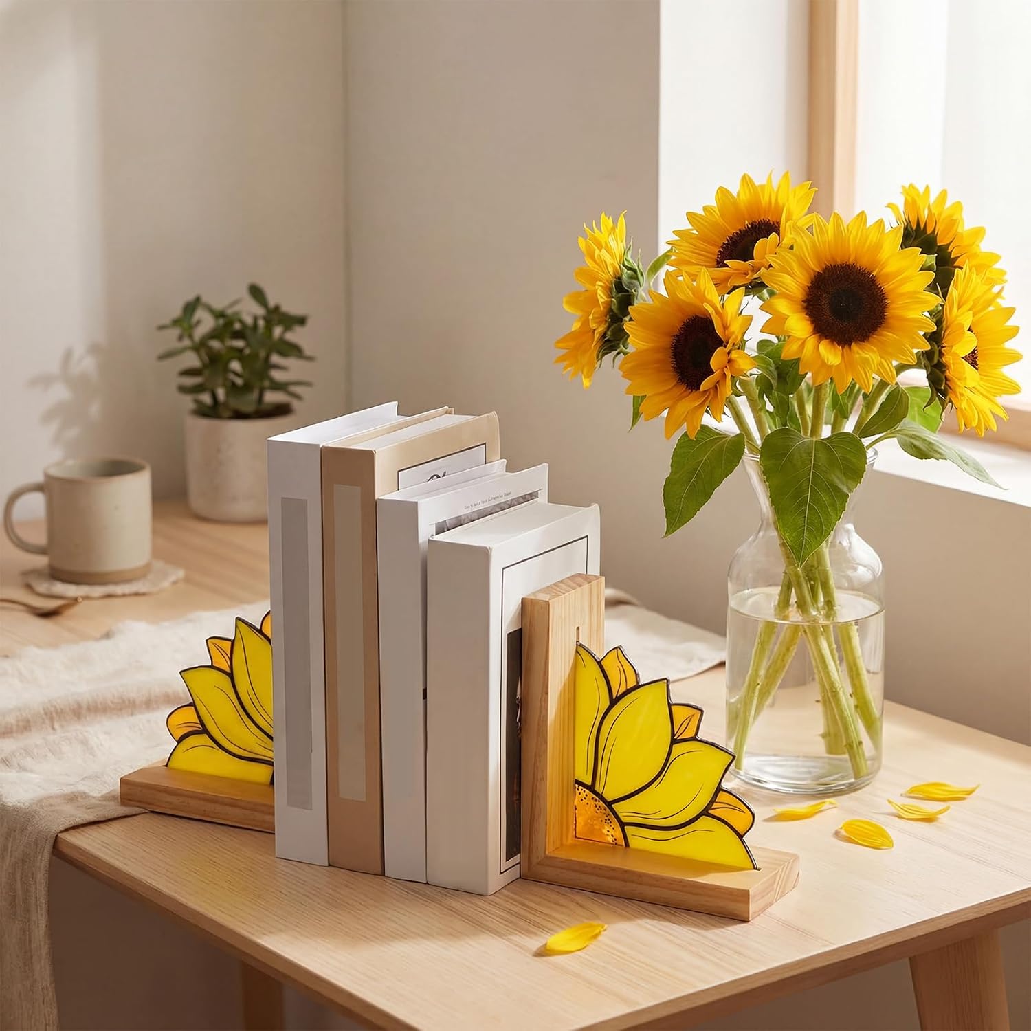 Oak Wood Base Stained Glass Novelty Bookends Organizer Book Ends / Sunflower / Yellow