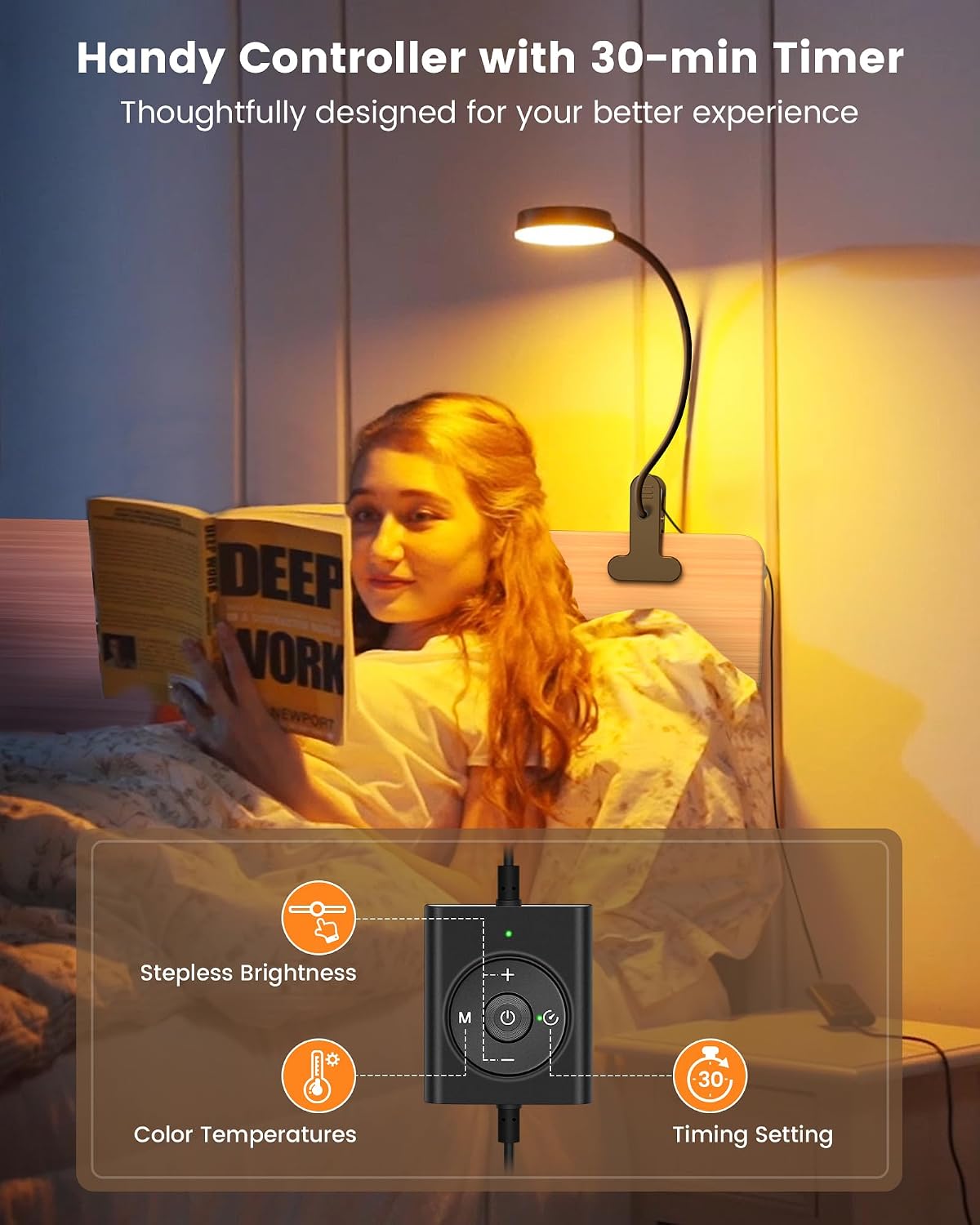 Glocusent 5W Clip on Light, 3 Colors & 5 Brightness Reading Light for Bed | Flexible Gooseneck Clip on Lamp, 30-Min