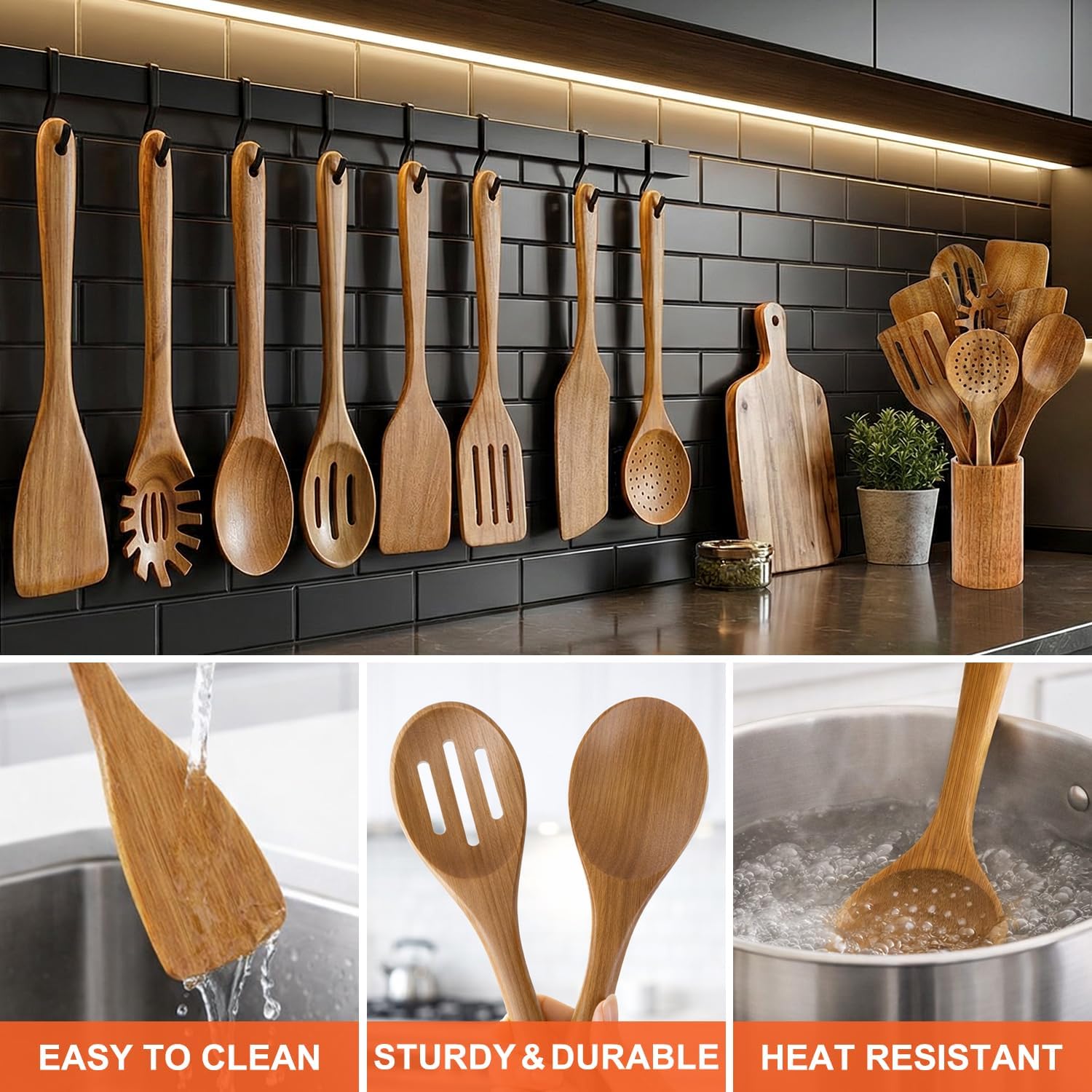 9 Pcs Wooden Kitchen Utensils Set with Holder Cooking Spoons Wood Spatula | Acacia Wood Spoons for Cooking Utensils