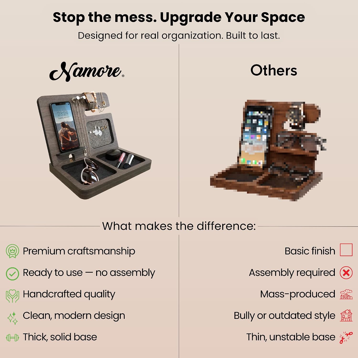 Namore Nightstand Organizer for Women – Wood Phone Docking Station & Jewelry Valet Tray for Phone, Earrings, Wallet &