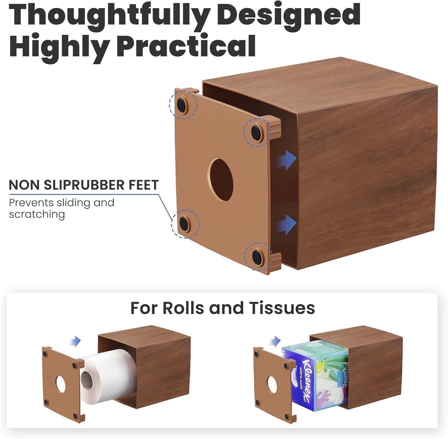 Square Facial Acrylic Tissue Holder / with 2 Qtip Holder Dispenser / Wood Grain / Clear / Set of 2