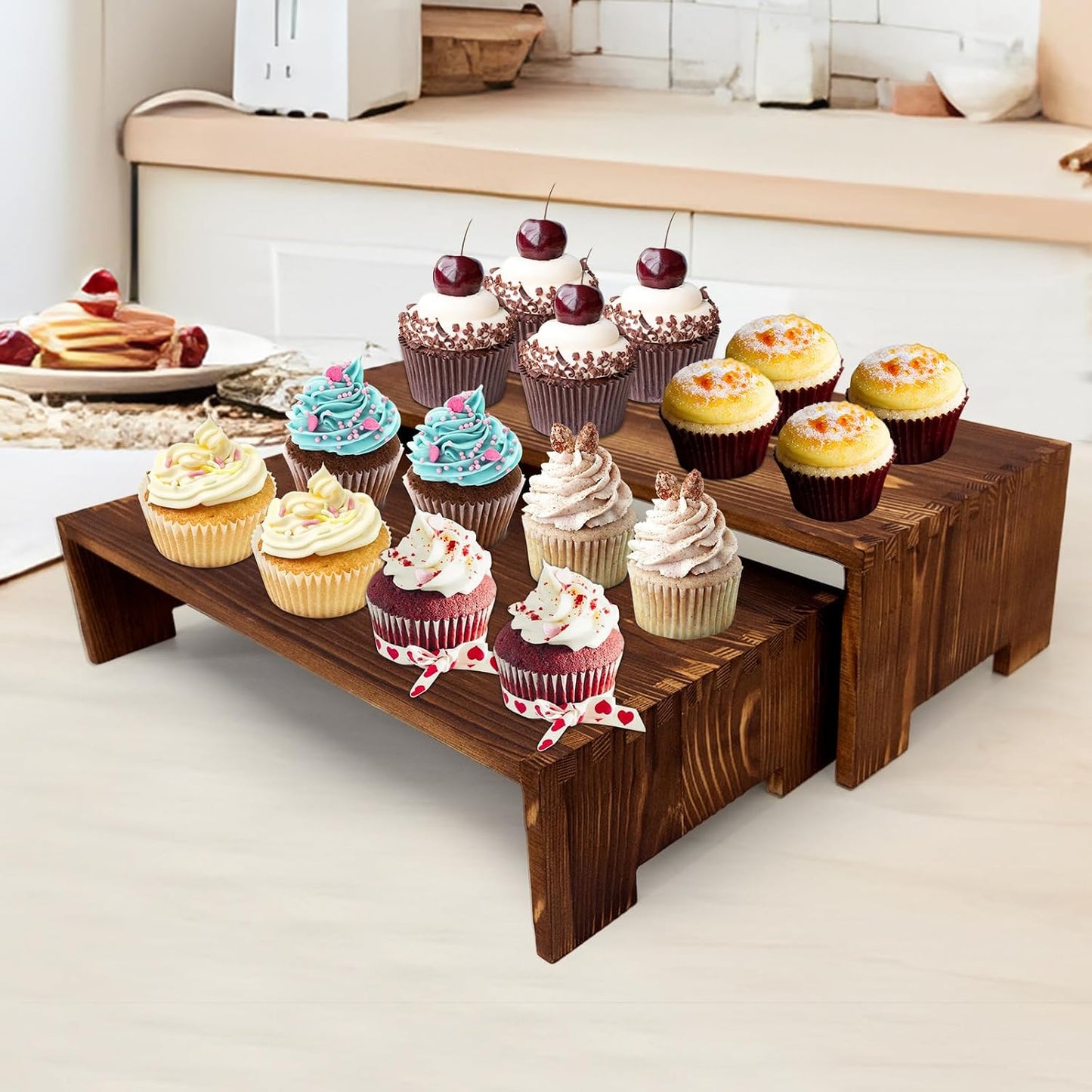 Yikaroeli 4Pcs Large Display Riser Wood Risers Cupcake Display Stand 2 Tier Racks Rectangular, 2 Set Perfume Decorative