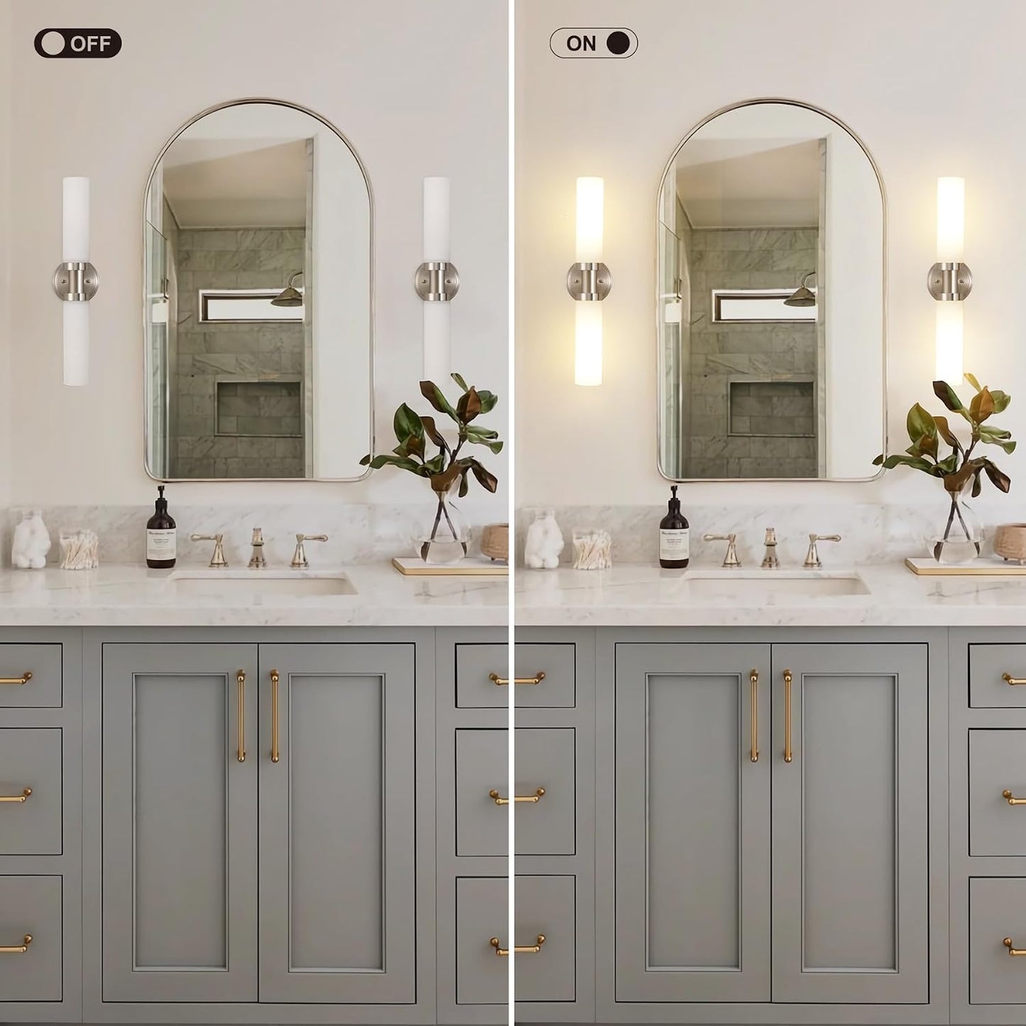 Brushed Nickel Bathroom Light Fixtures, 2-Light Vanity Lights W/White Glass Shade, Modern Sconces Wall Lighting for