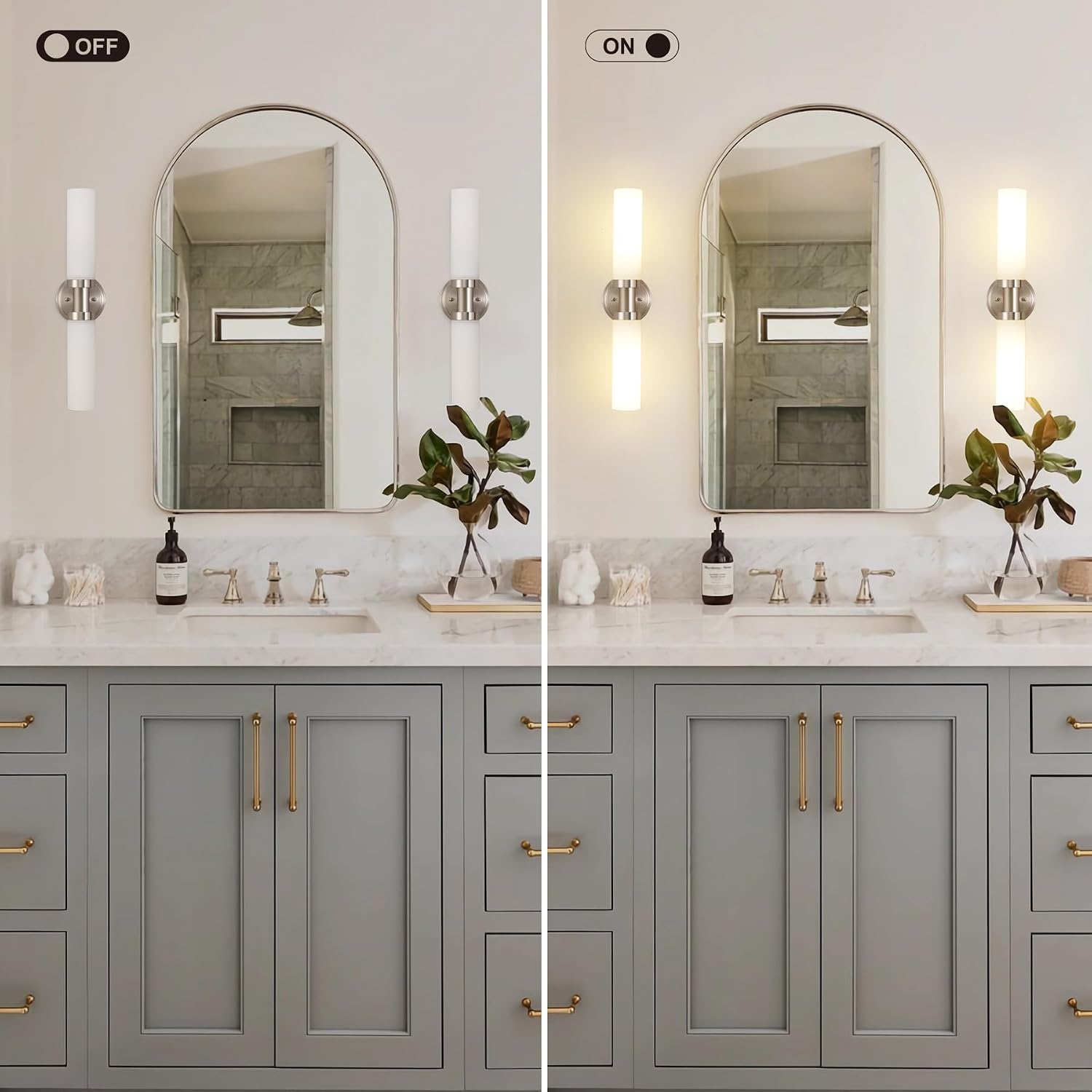 Brushed Nickel Bathroom Light Fixtures, 2-Light Vanity Lights W/White Glass Shade, Modern Sconces Wall Lighting for