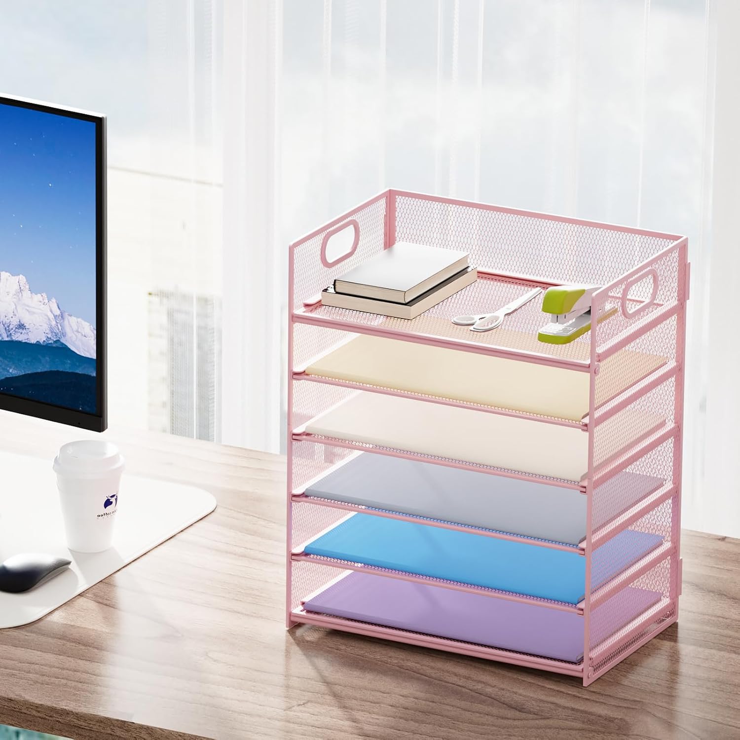 Marbrasse 2 Pack Desk Organizer with Handle, 6 Tier Paper Letter Tray, Mesh Desk File Organizer for Office, School and