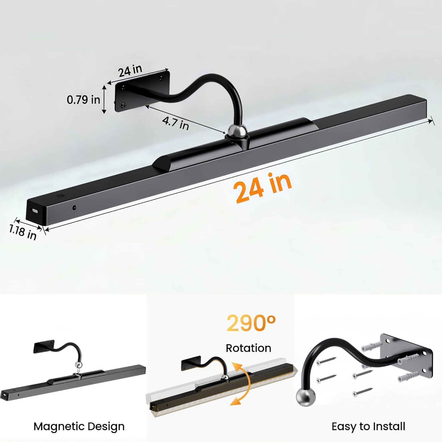 24Inch Picture Lights Battery Powered 6000mAh -3 Pack Black Wireless Remote Control Sconces for Gallery, Living Room