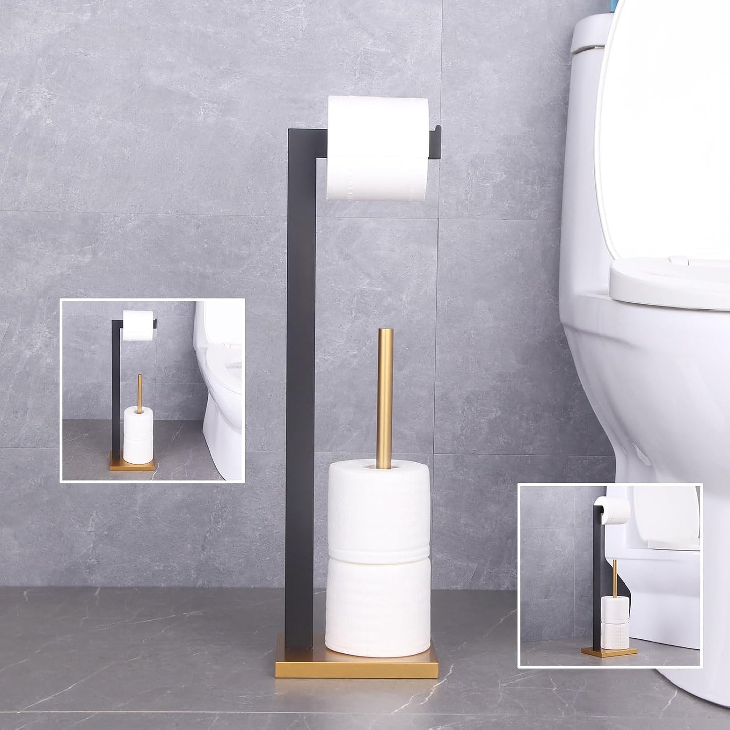 GERZWY Free Standing Toilet Paper Holder, SUS 304 Stainless Steel Toilet Paper Stand with Reserve (Black & Gold)