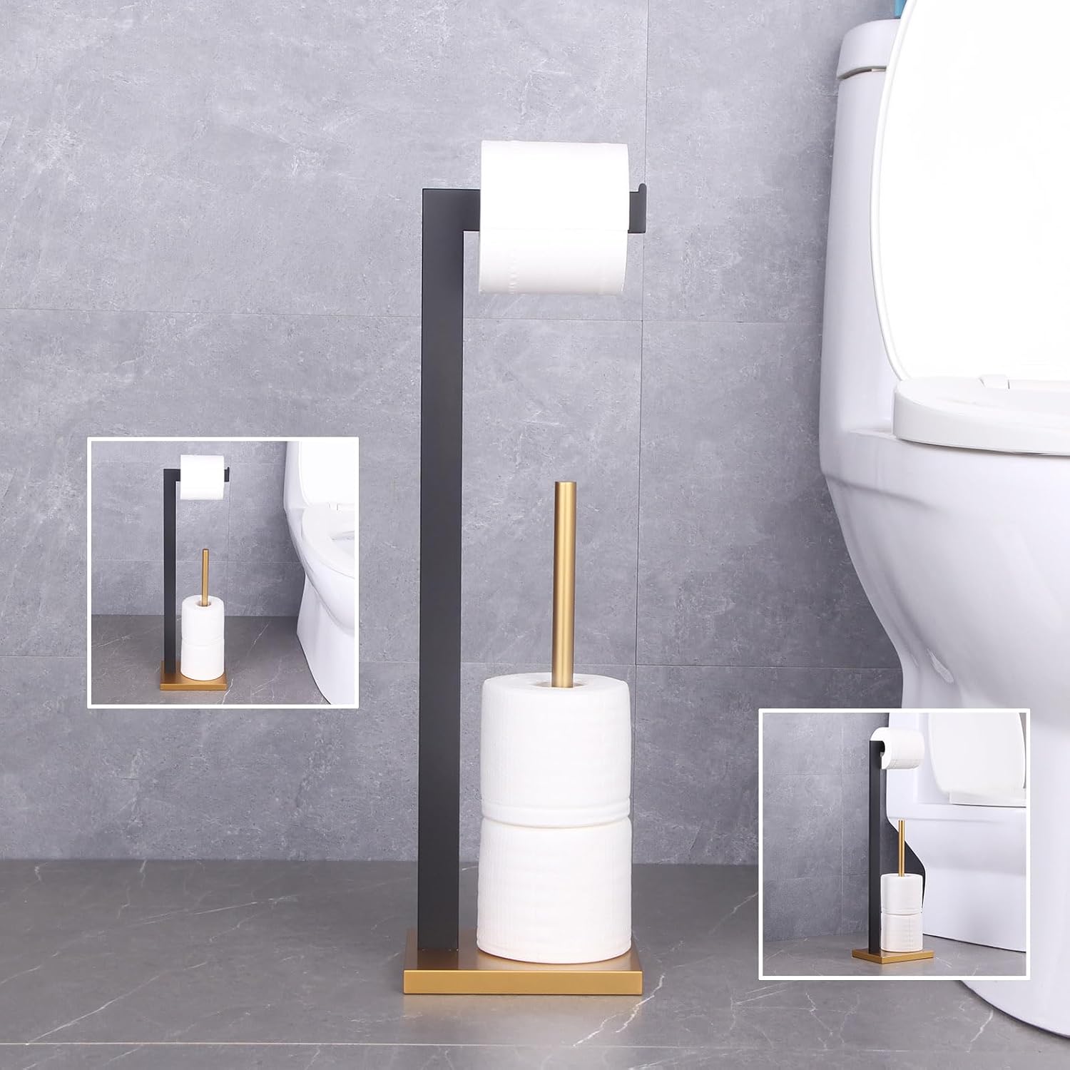 GERZWY Free Standing Toilet Paper Holder, SUS 304 Stainless Steel Toilet Paper Stand with Reserve (Black & Gold)