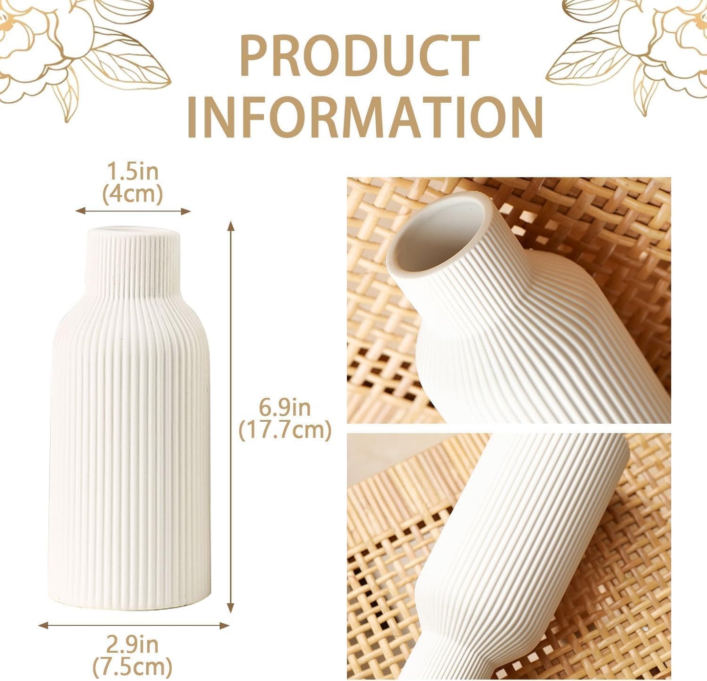 Bohemian Ceramic Vase / White / 7in