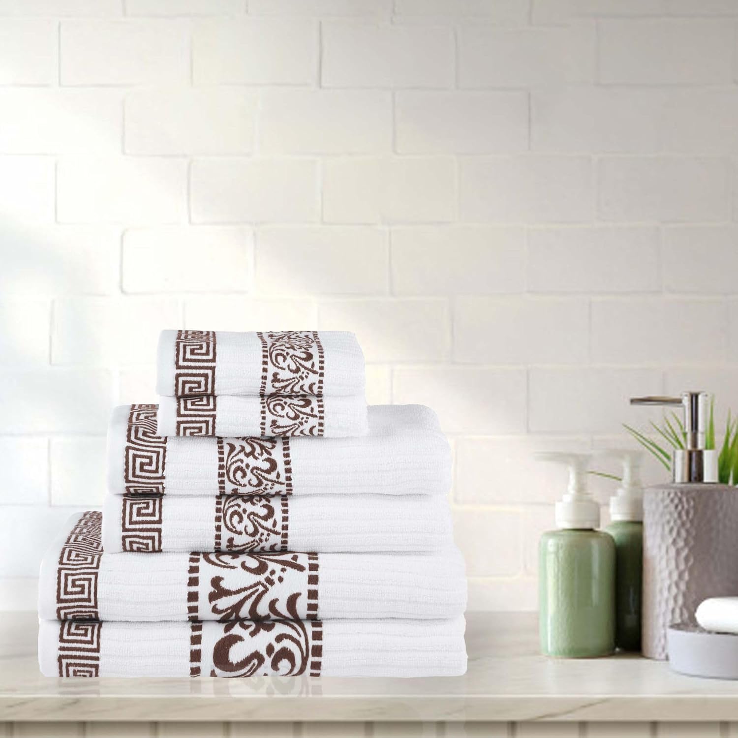 Superior 6-Piece Cotton Towel Set, Decorative Greek Pattern, Home Essentials, Absorbent Towels, Bathroom Decor, Spa
