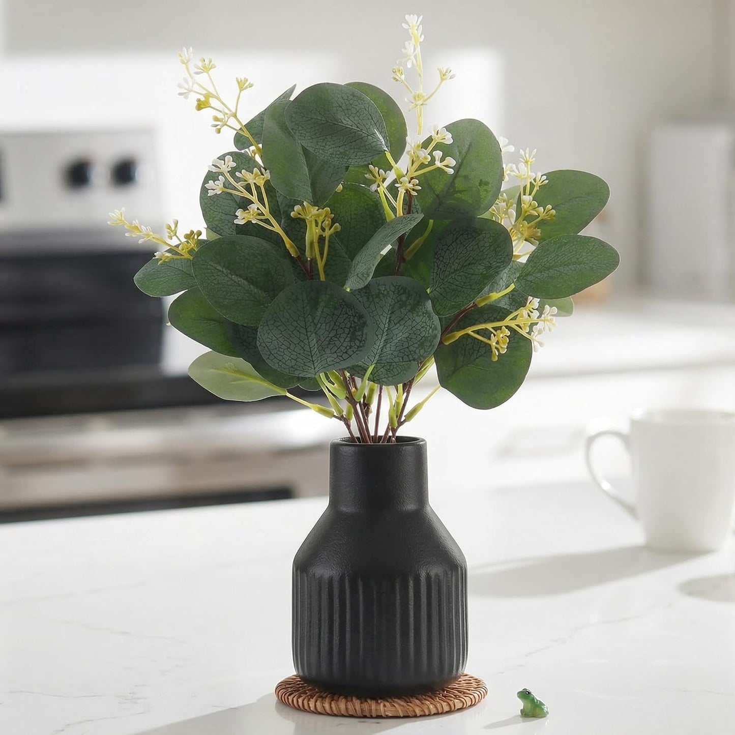Artificial Eucalyptus Greenery Stems in Ceramic Vase / Black / Set of 10