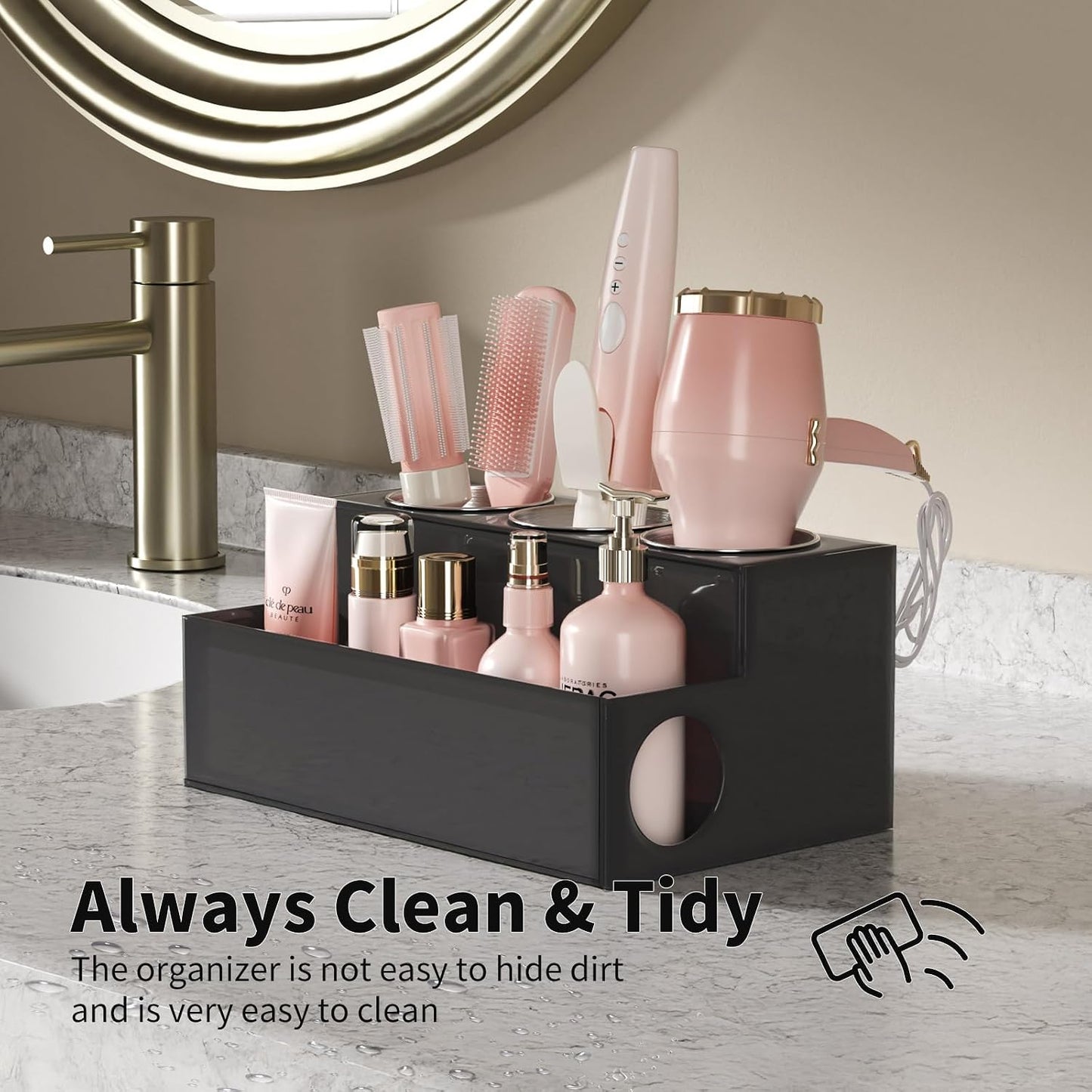 NIUBEE Acrylic Hair Tool Organizer,Hair Dryer Holder Countertop with 3 Cups | Black, Hot Tools Organizer, Hair Blow