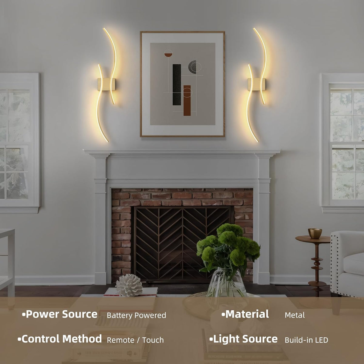 Wireless Wall Sconces Set of Two, Dimmable, 3CCT, Up to 65H Runtime | 3 Color Temps, Stepless Dimming, Timer, Modern