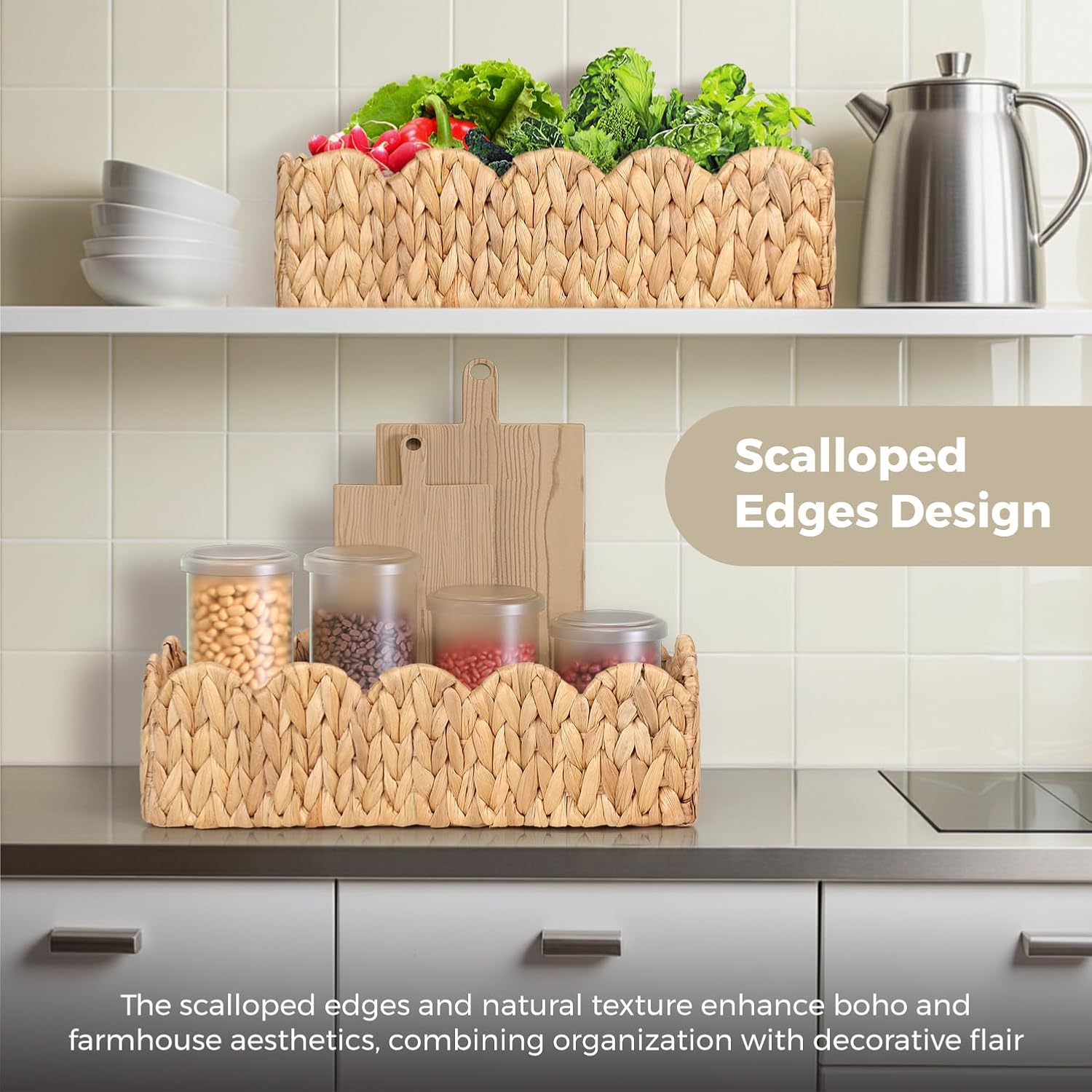 Handwoven Water Hyacinth Scalloped Countertop Storage Basket / Natural