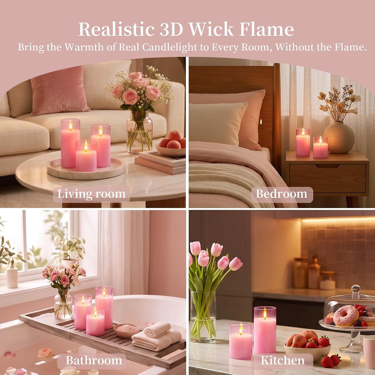 Amagic Pink Glass Flameless LED Candles Battery Operated with Remote Timer | Real Wax Pillar Electric Candle, 3D