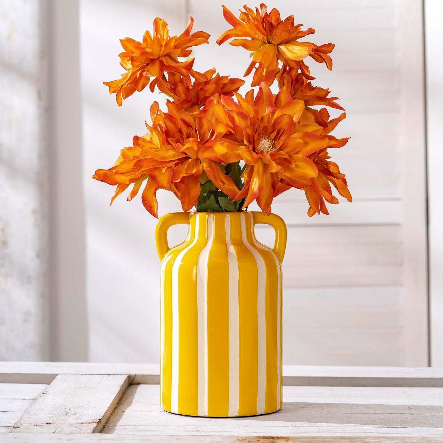 Yellow Ceramic Vase / Yellow and White
