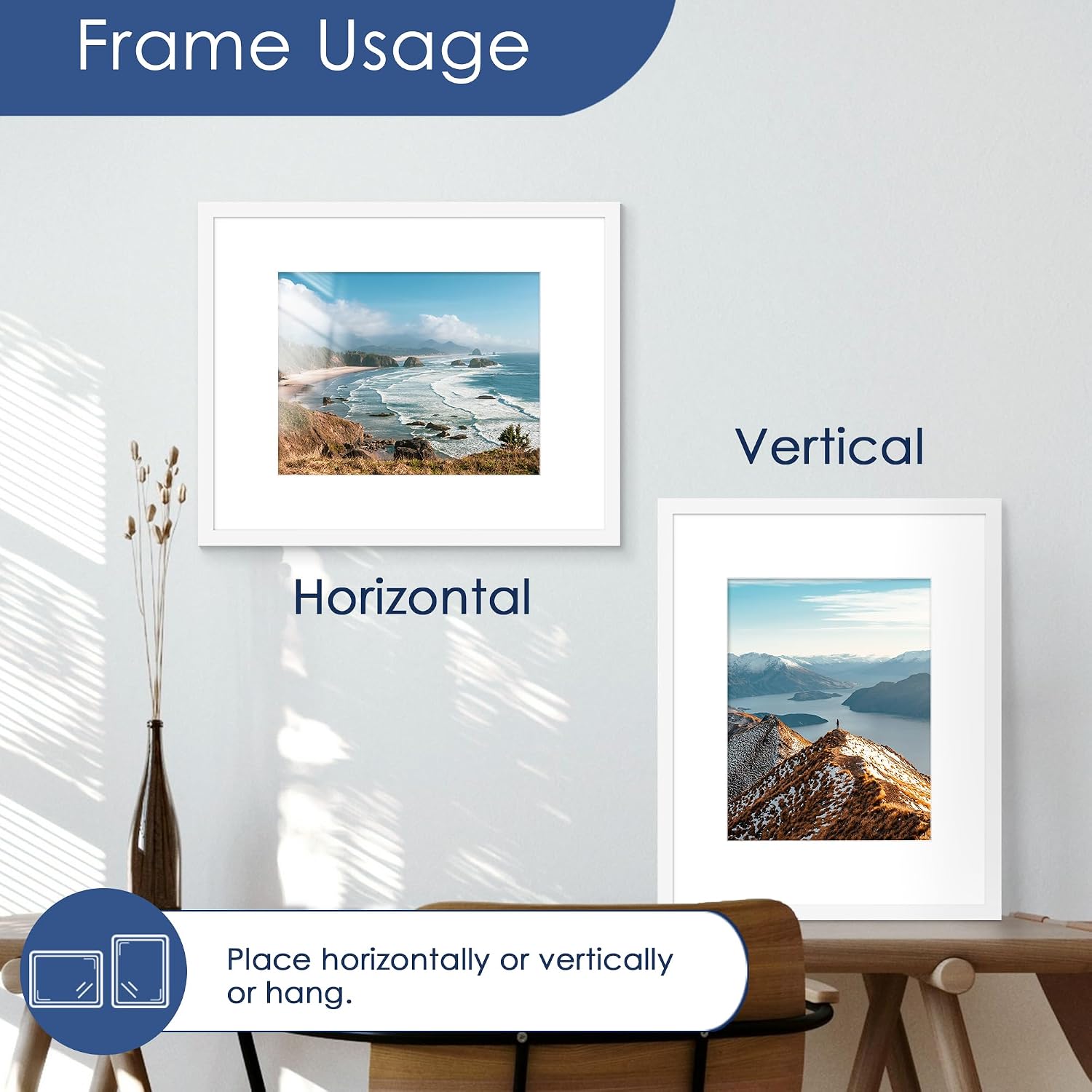 16x20 Picture Frame Set of 6, Wall Mount Display, White | Display Pictures 11x14 with Mat or 16x20 Without Mat