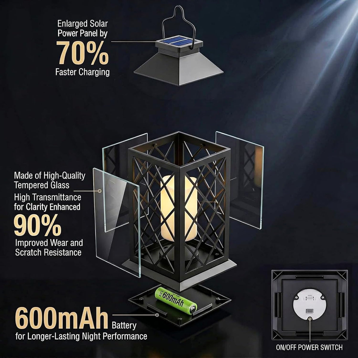 14" Large Tempered Glass Solar Lanterns Outdoor Waterproof | Black retro solar lantern with flickering flameless