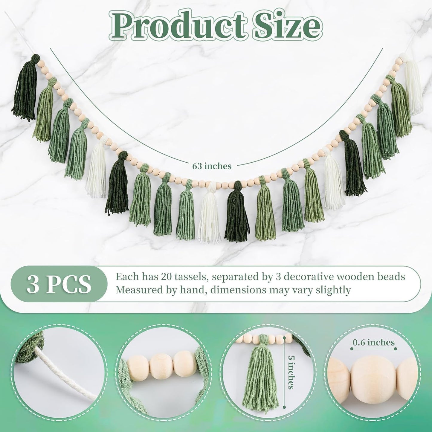 Boho Yarn Tassel Garlands Sage Wall Hanging Decoration / Green / Set of 3