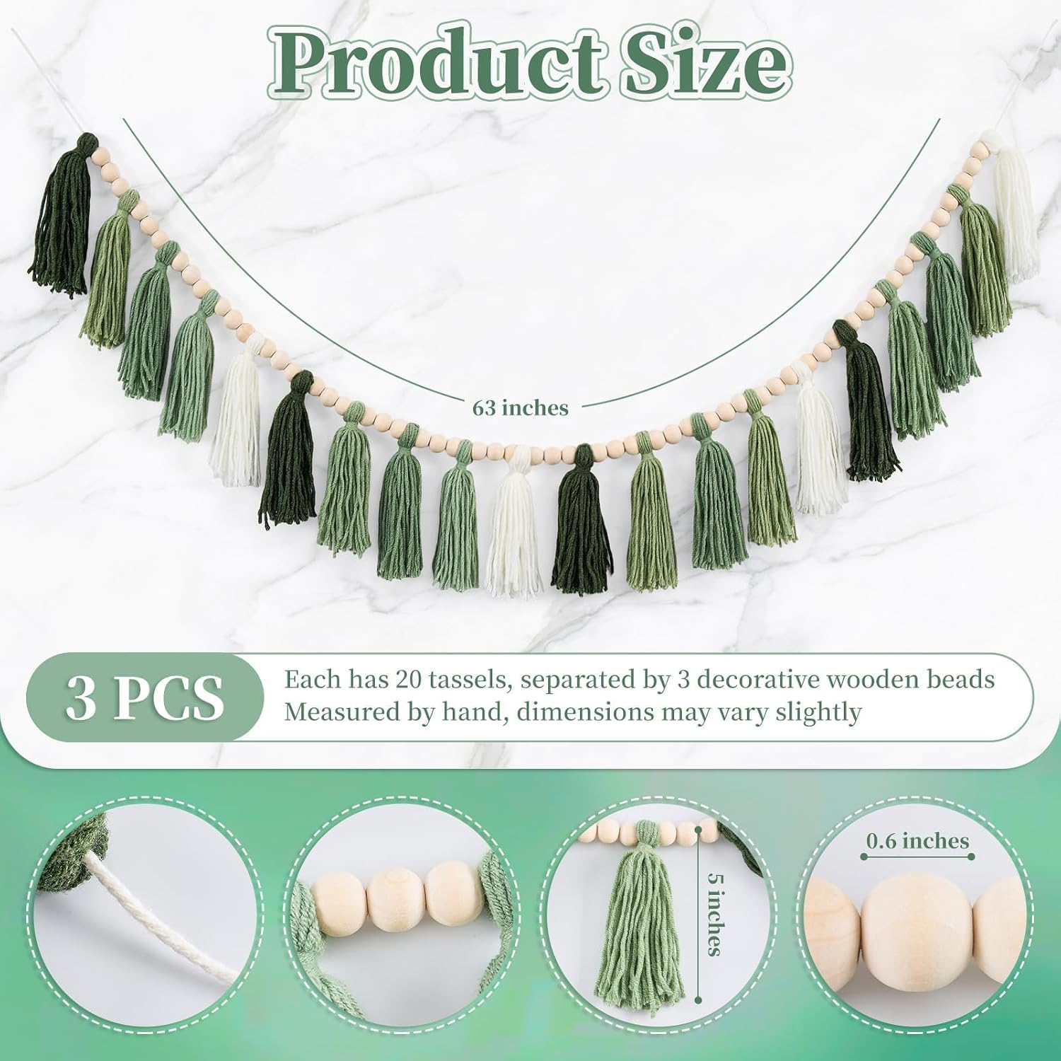 Boho Yarn Tassel Garlands Sage Wall Hanging Decoration / Green / Set of 3