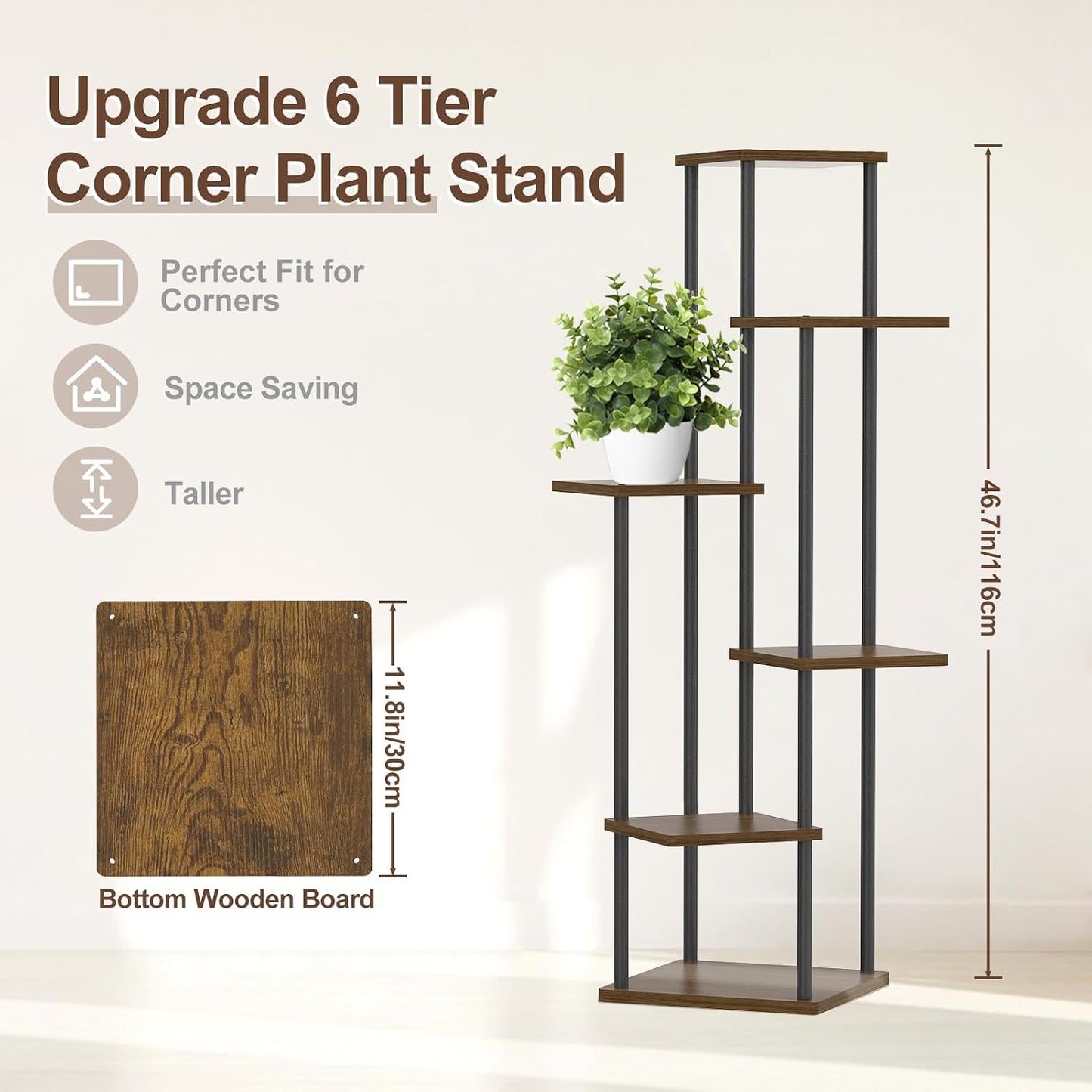 Oppro Plant Stand Indoor Outdoor, 6 Tier Corner Tall Metal Wood Shelf | Muti-Level Planter Holder, Sturdy Large
