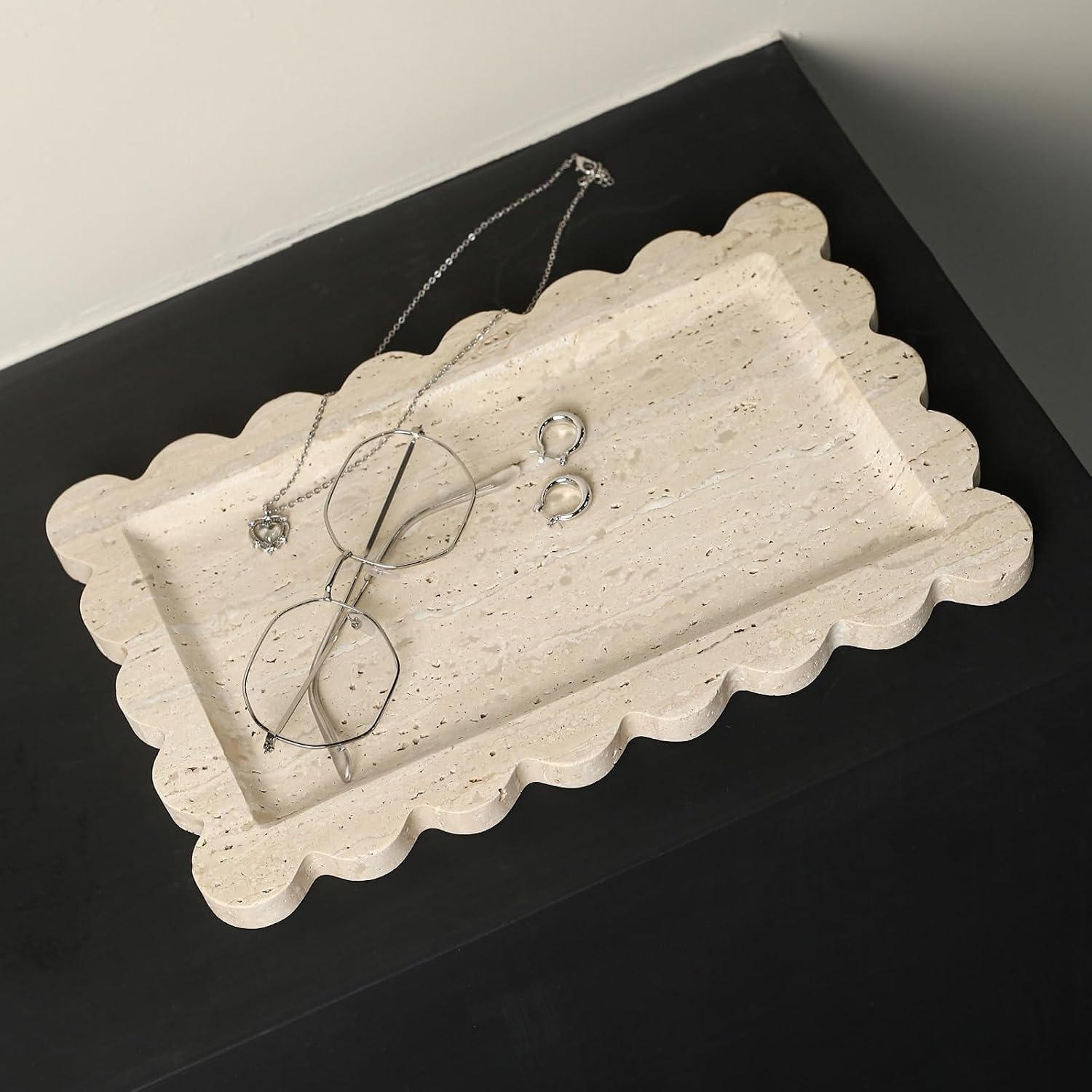 Natural 100% Marble Vanity Tray Scalloped Marble / Rectangle-beige Travertine / 11.8 x 7.4 x 0.7