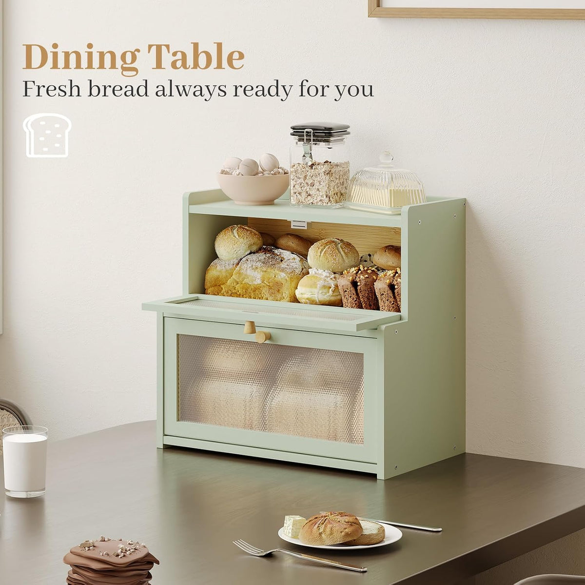 Bread Box for Kitchen Countertop, Large Bamboo Bread Storage Container with Double Layer, Bread Holder for Homemade