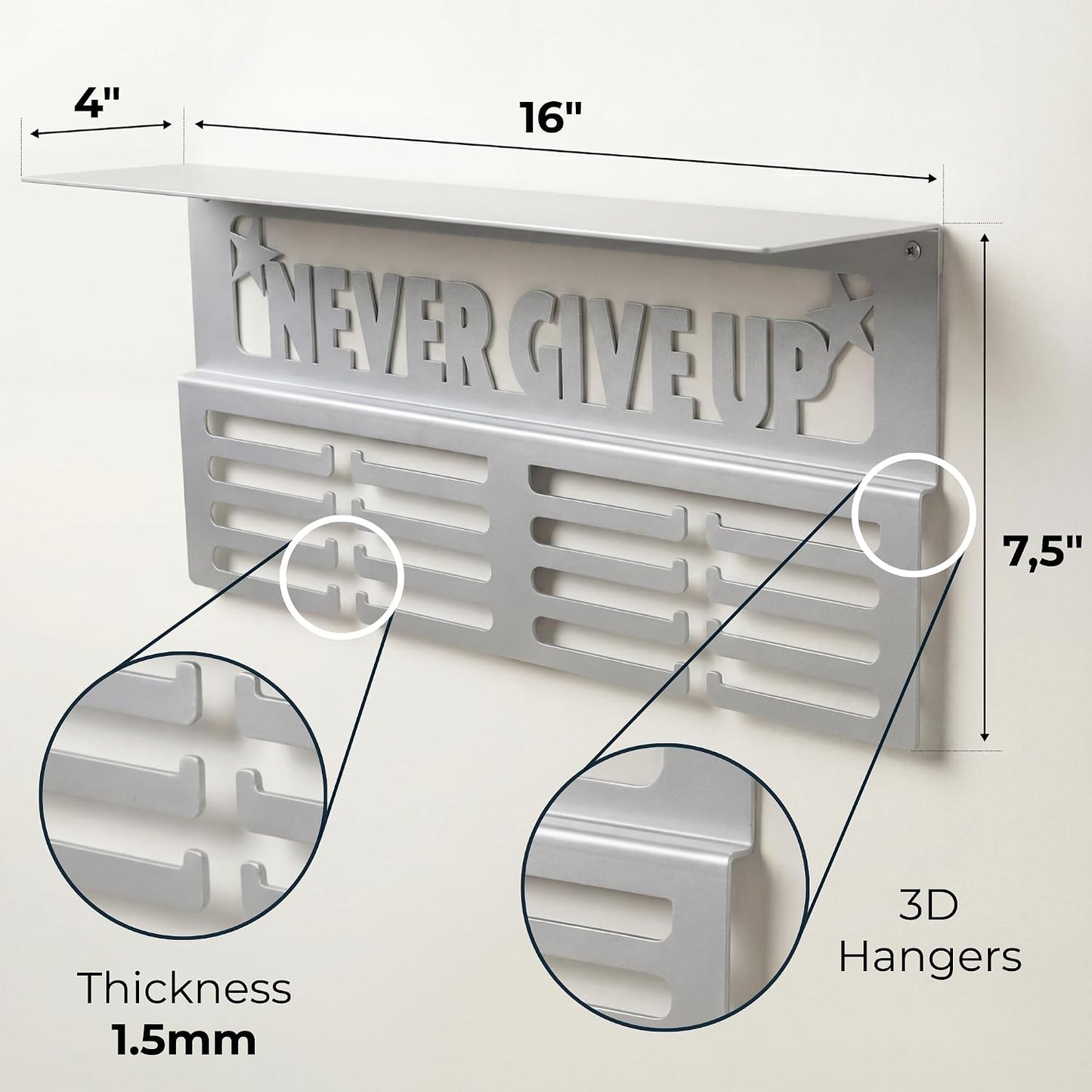 AGATHOS HOME Medal Hanger Display with Trophy Shelf - Metal Awards Rack for Walls Holds 64+ Sports Medals- Our Never