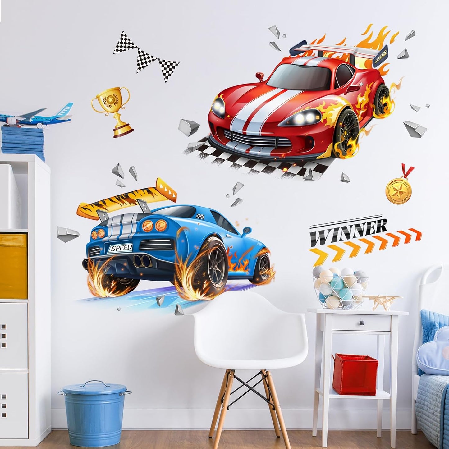 3D Racing Car Wall Decals Blue Flame Trophies Wall Stickers Peel and Stick Wall / Sports Car / Red
