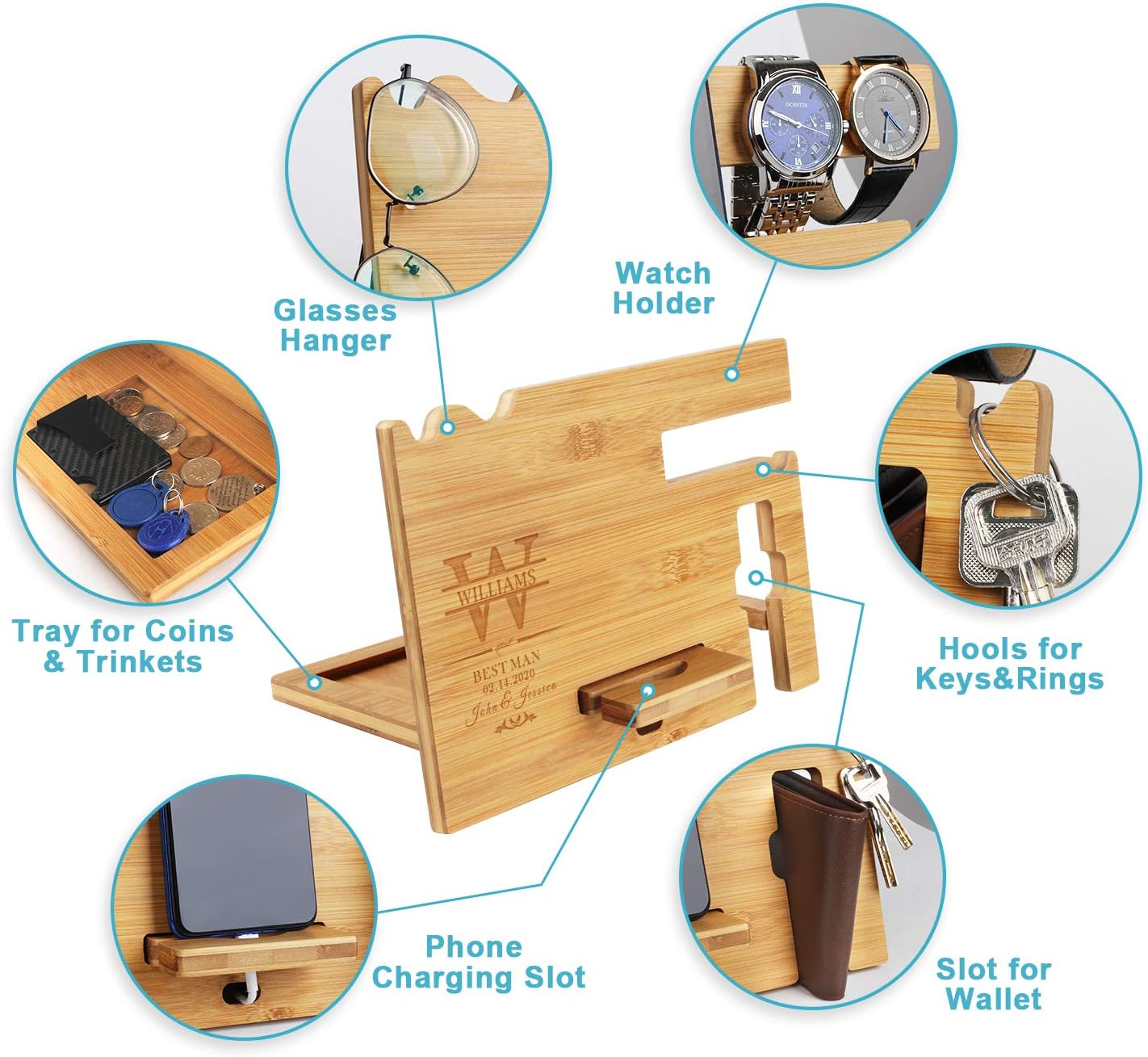 awofer Gifts for Men - Wood Phone Docking Station Personalized - Engraved Nightstand Organizer with Phone Charging
