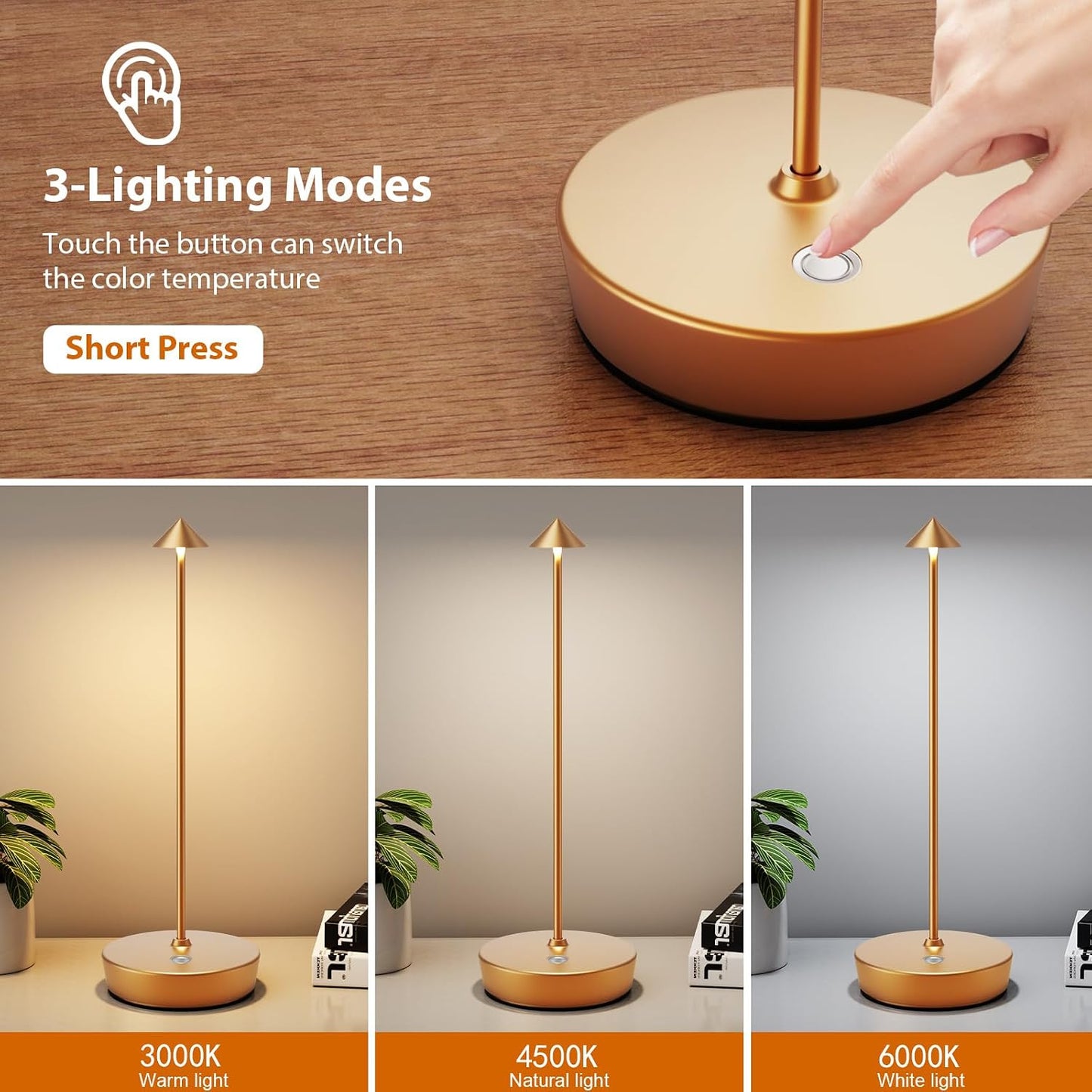Rechargeable Cordless Table Lamp, Portable Powered LED Battery 6000mAh Metal USB Desk Lamp, 3 Levels Brightness Light