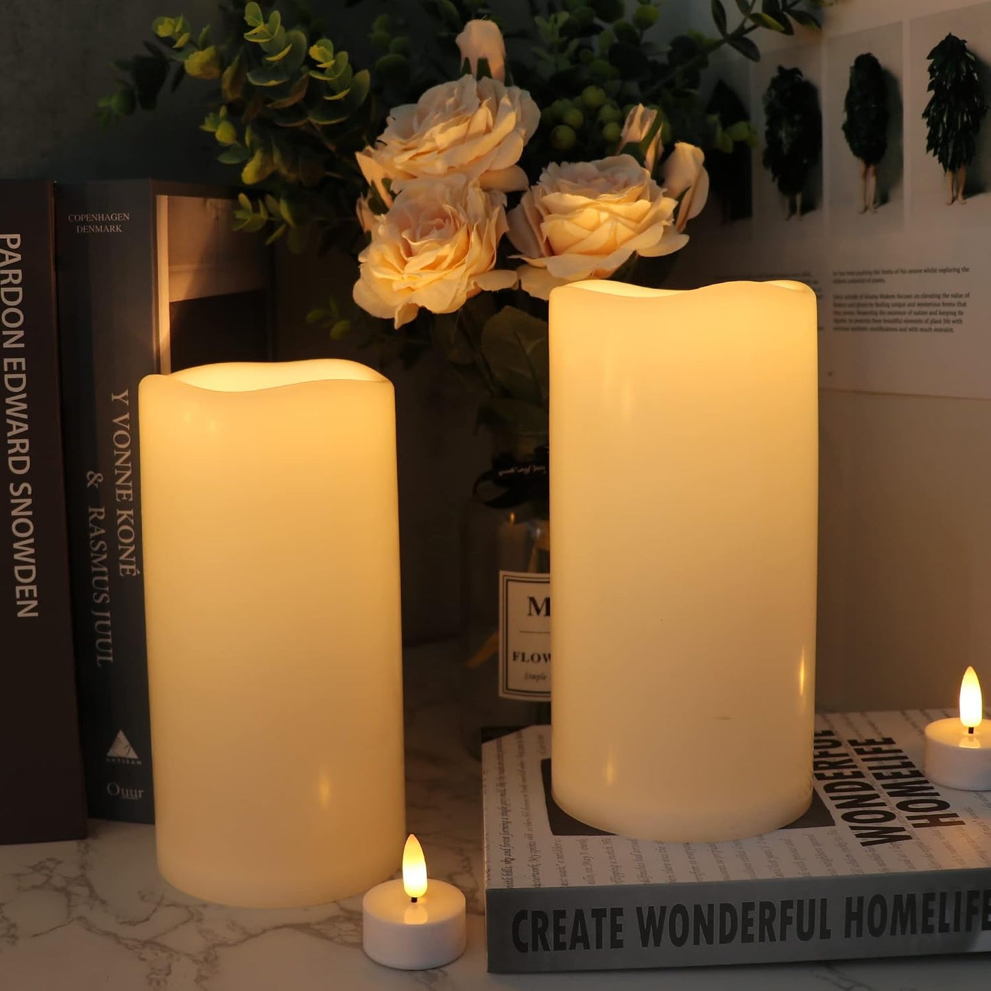 GenSwin Waterproof Outdoor Flameless Candles with Remote Timer, Battery Operated Large Flickering LED Pillar Candles
