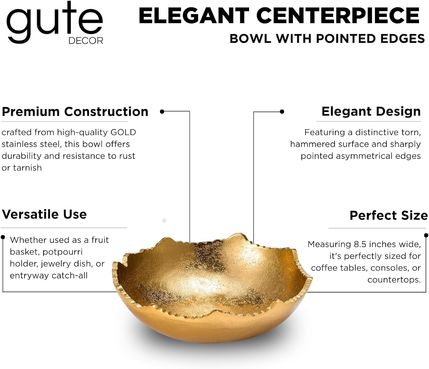 Decorative Moon Decorative Metal Torn Hammered Asymmetrical Centerpiece Bowl / Gold / 8.5 Inch