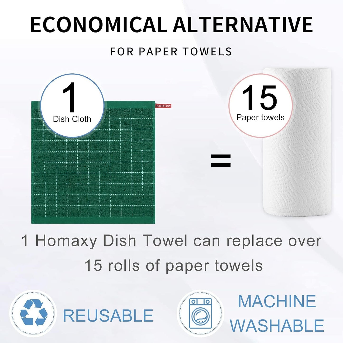 Homaxy 100% Cotton Terry Kitchen Dish Cloths, 12 Pack, Dark Green | Ultra Soft and Absorbent Dish Towels for Kitchen