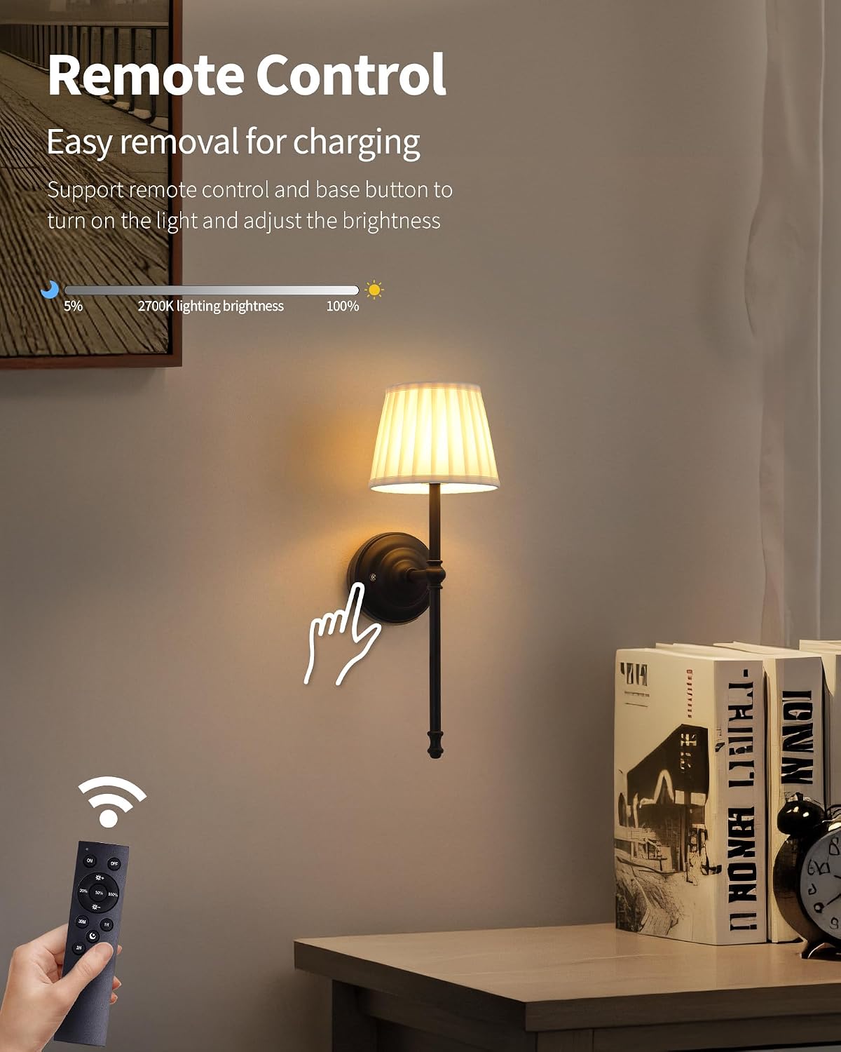 KDG Black Cordless Wall Sconces Set of 2, Beige Fabric LED Wall Lamps | Wireless Small Rechargeable Battery, Portable