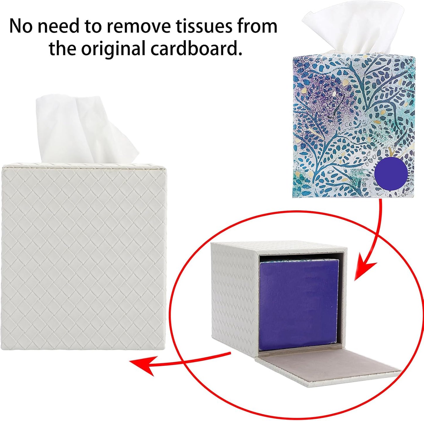 Tissue Box Cover Square Tissue Box Stylish PU Woven Lozenge Pattern Tissue Box Holder / White