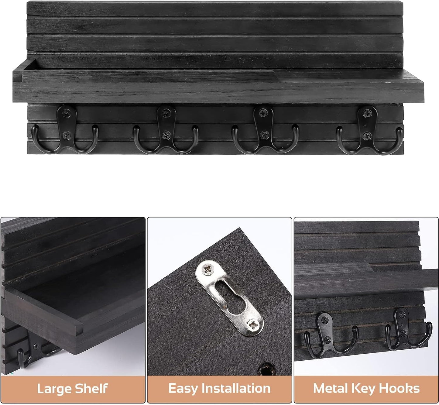 Easy Install Natural Wooden Key and Mail Holder / Carbon Black