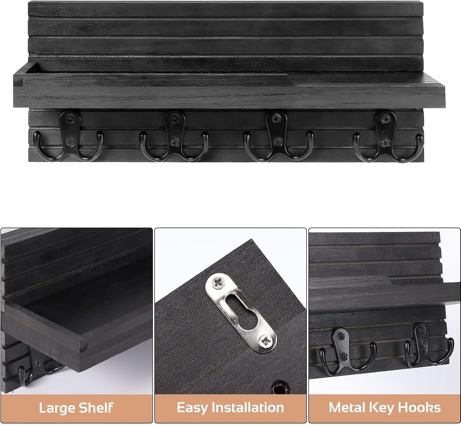 Easy Install Natural Wooden Key and Mail Holder / Carbon Black