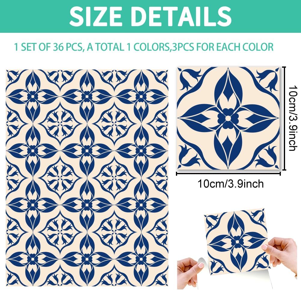Beige Tile Sticker Decal Easy to Peel and Stick Self-Adhesive Wall Tile Decals / Blue / Set of 36