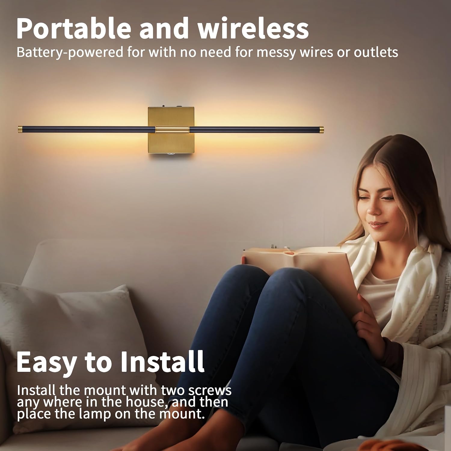 15800 mAh Battery Operated Wall Sconces with Remote Control Dimmable Wall Sconces Set of Two 3000K LED Brass Gold and