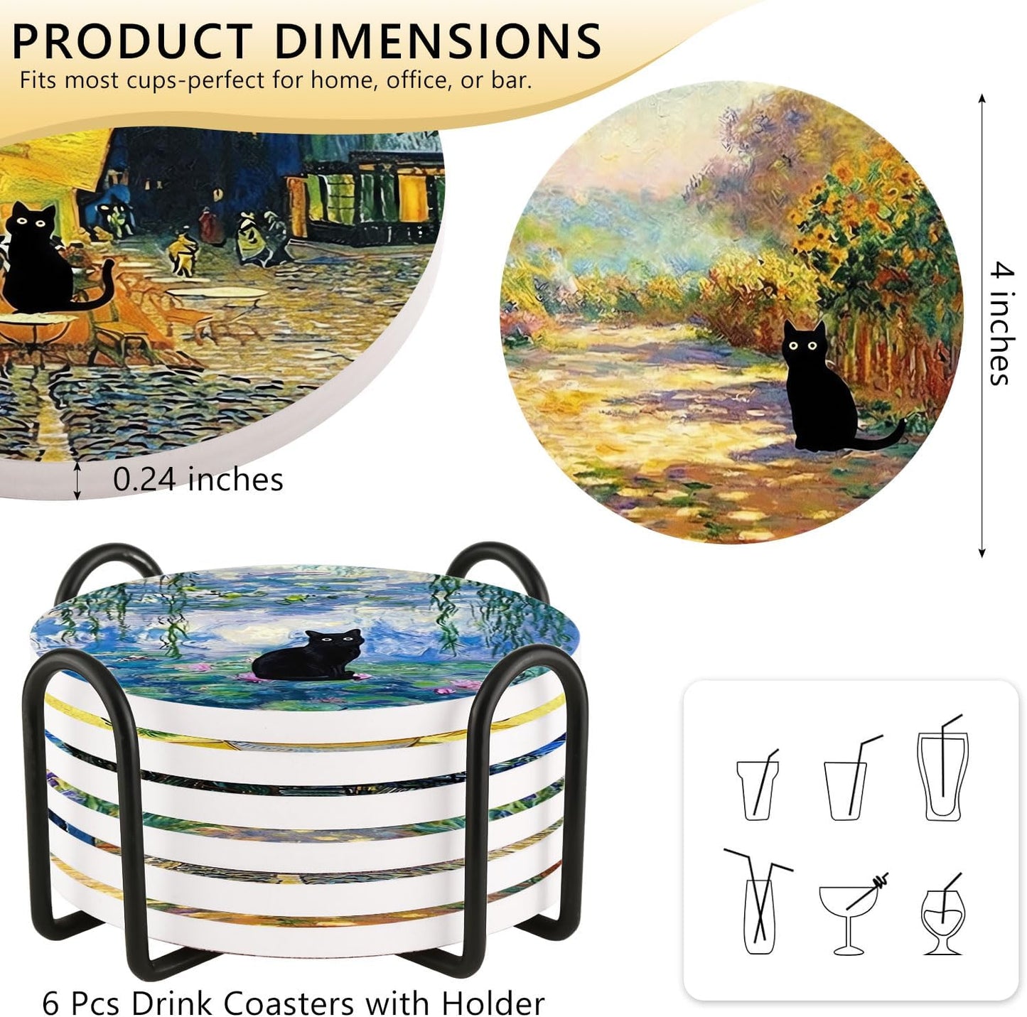 Holder for Drinks / Black Cat / Set of 6