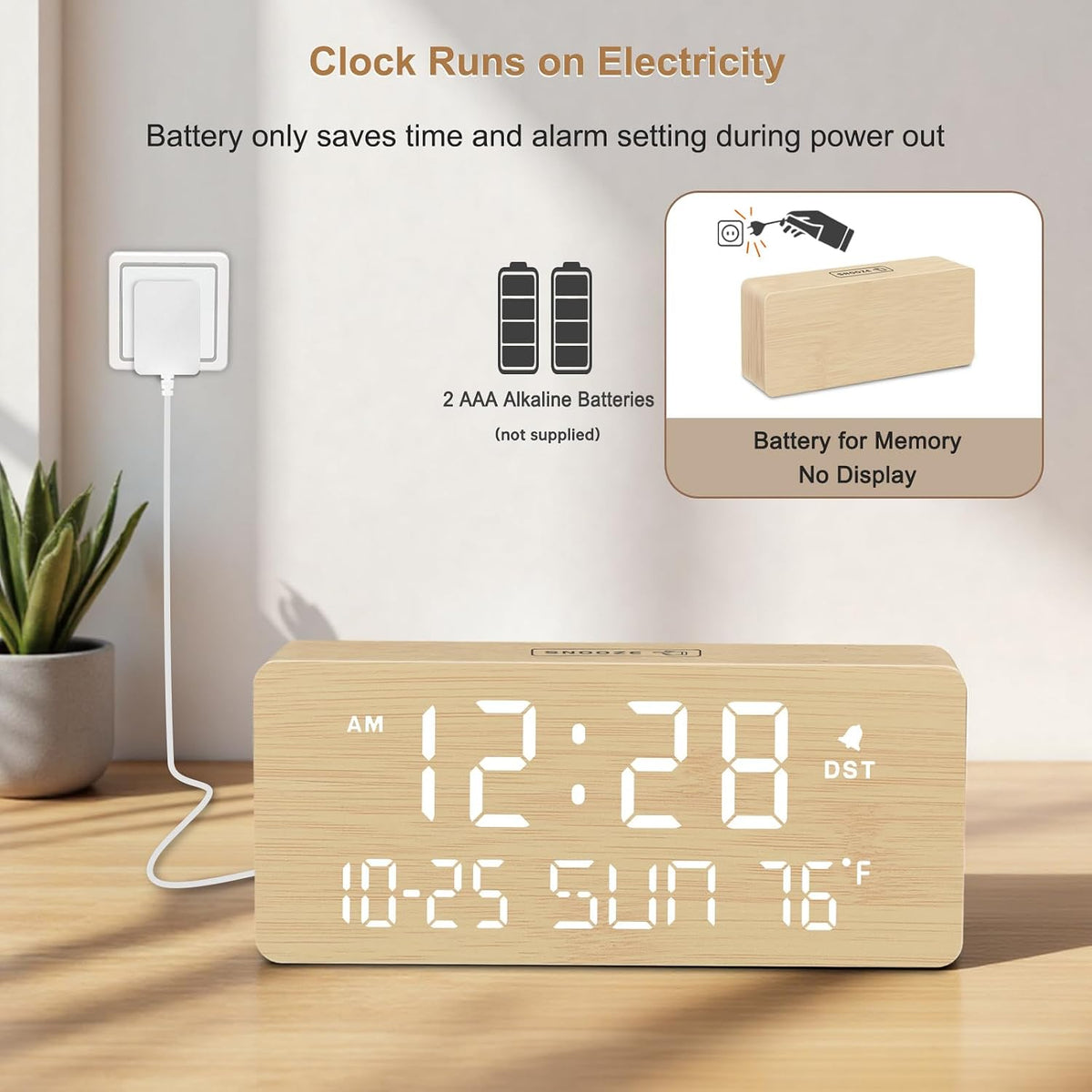 DreamSky Wooden Digital Alarm Clocks for Bedrooms with Date & Day of Week | Living Room Desk Clock, Temperature, USB